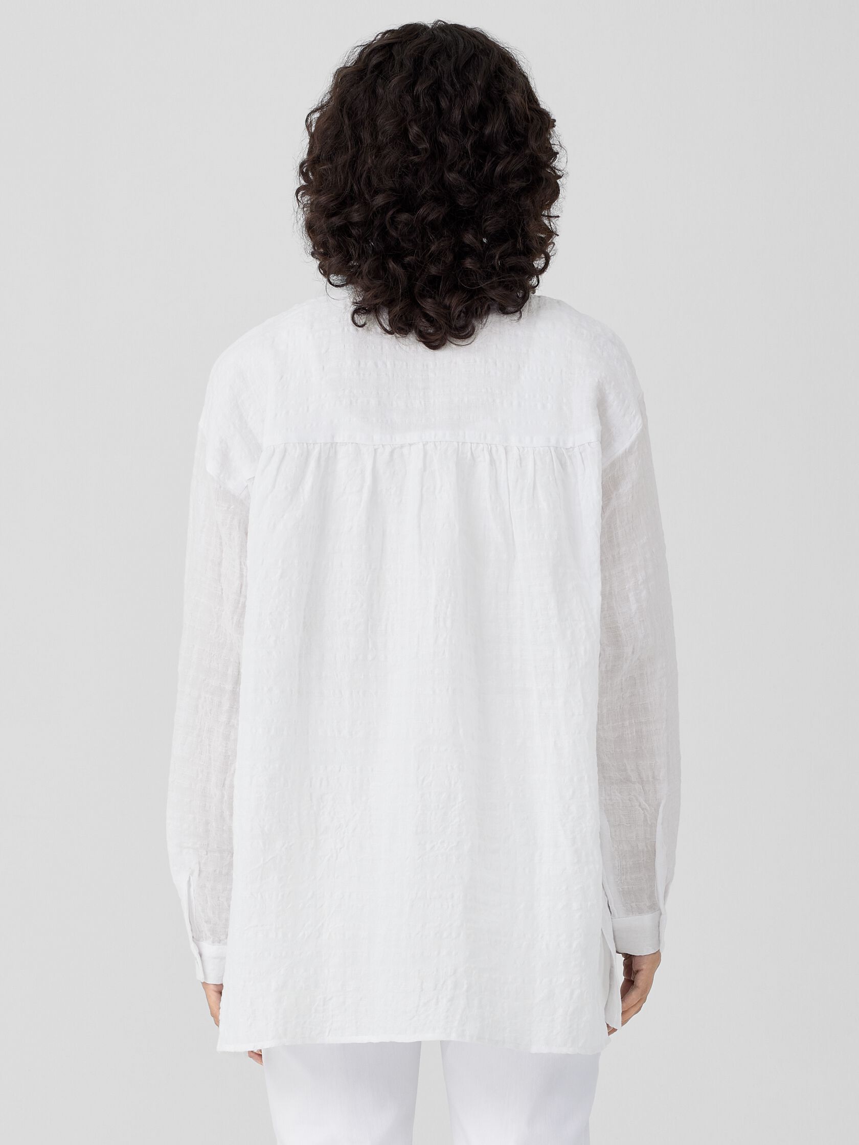 Linen Cotton Sheer Check Mandarin Collar Shirt