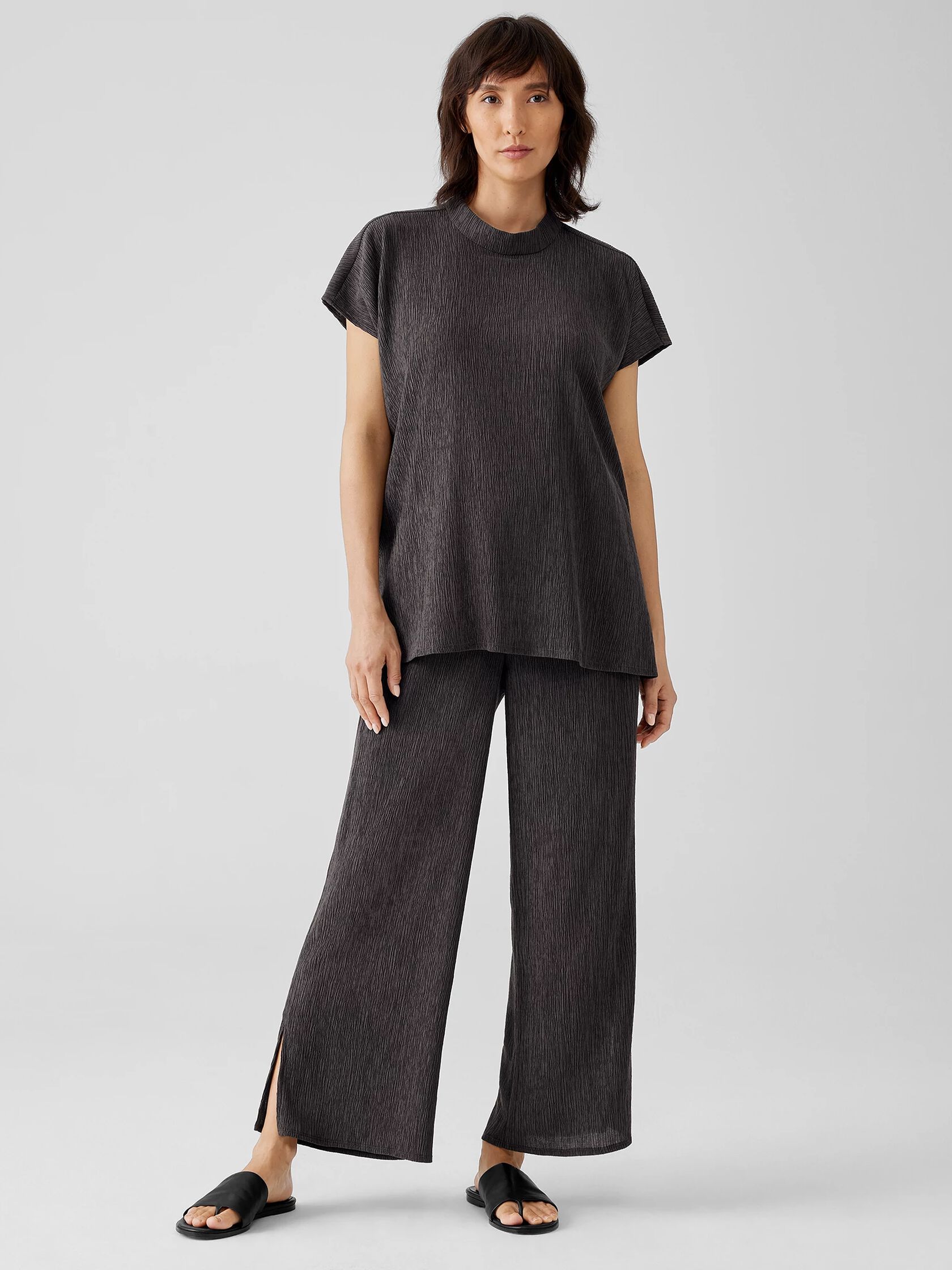 Woven Plisse Mock Neck Top