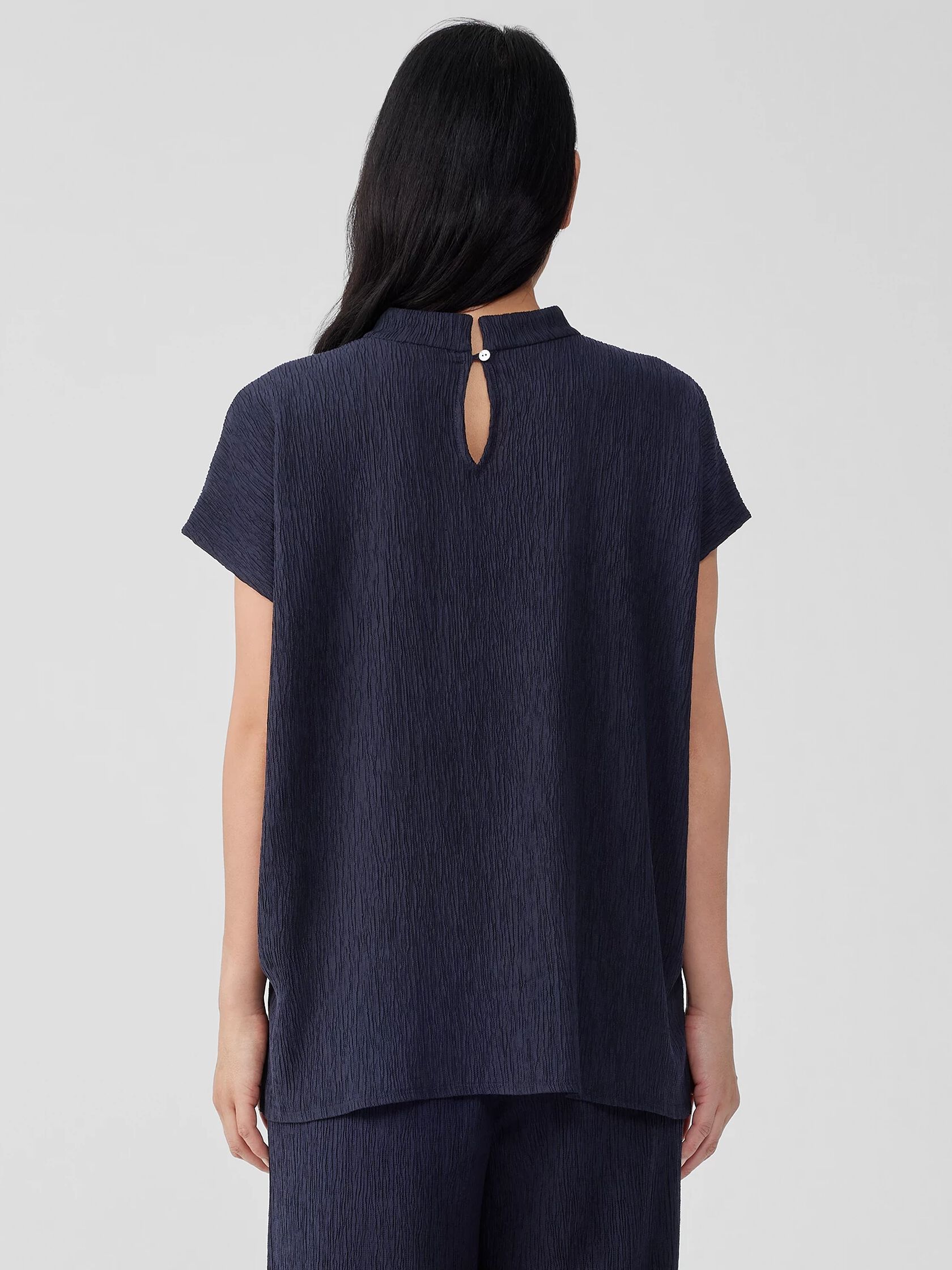 Woven Plissé Mock Neck Top