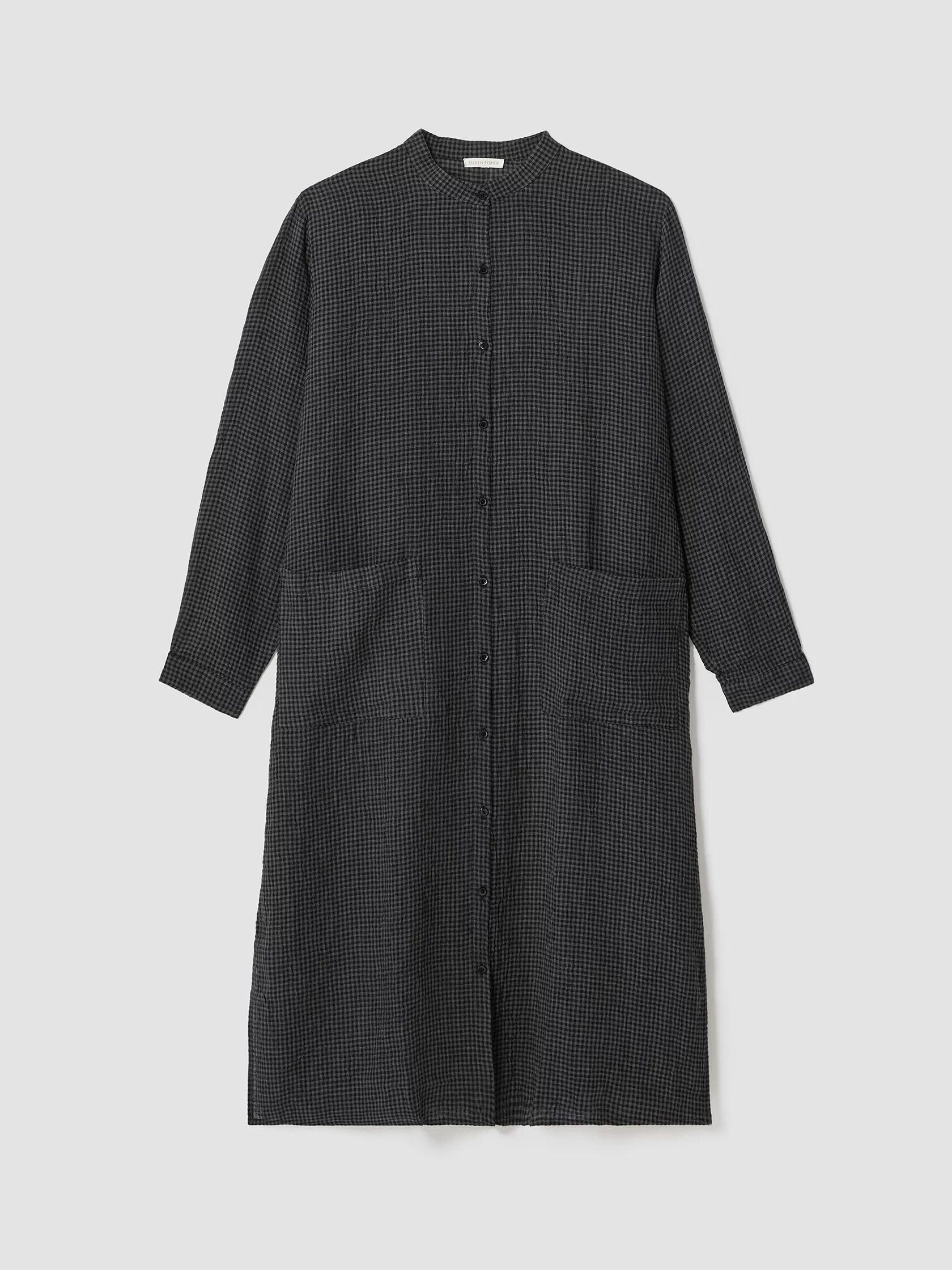 Puckered Organic Linen Mandarin Collar Shirtdress