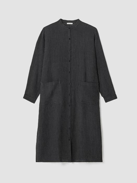 Puckered Organic Linen Mandarin Collar Shirtdress