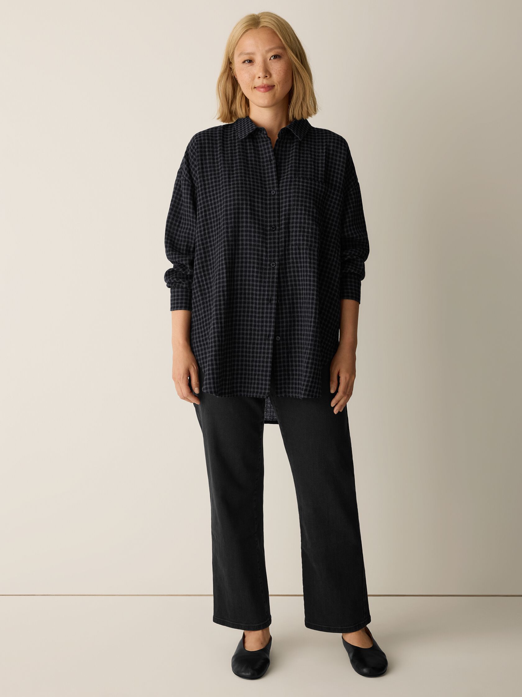 Wool Cotton Check Classic Collar Long Shirt