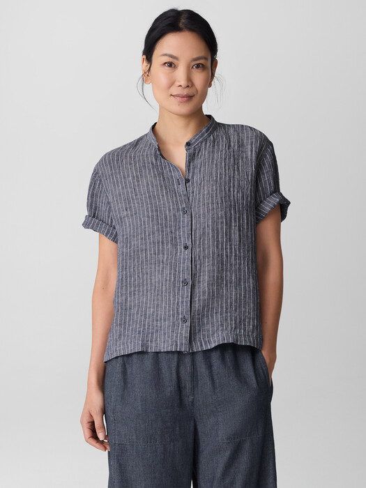 Puckered Organic Linen Band Collar Shirt