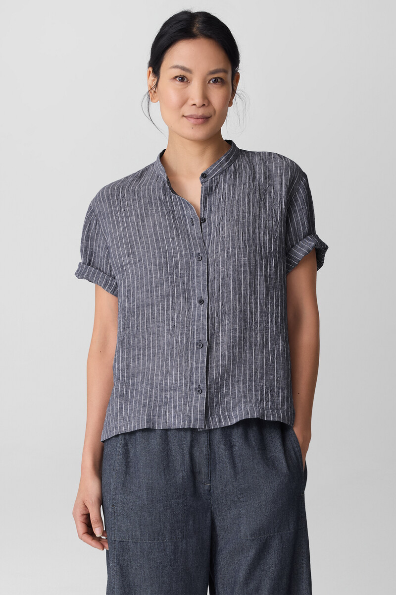 Puckered Organic Linen Band Collar Shirt Puckered Organic Linen Band Collar Shirt