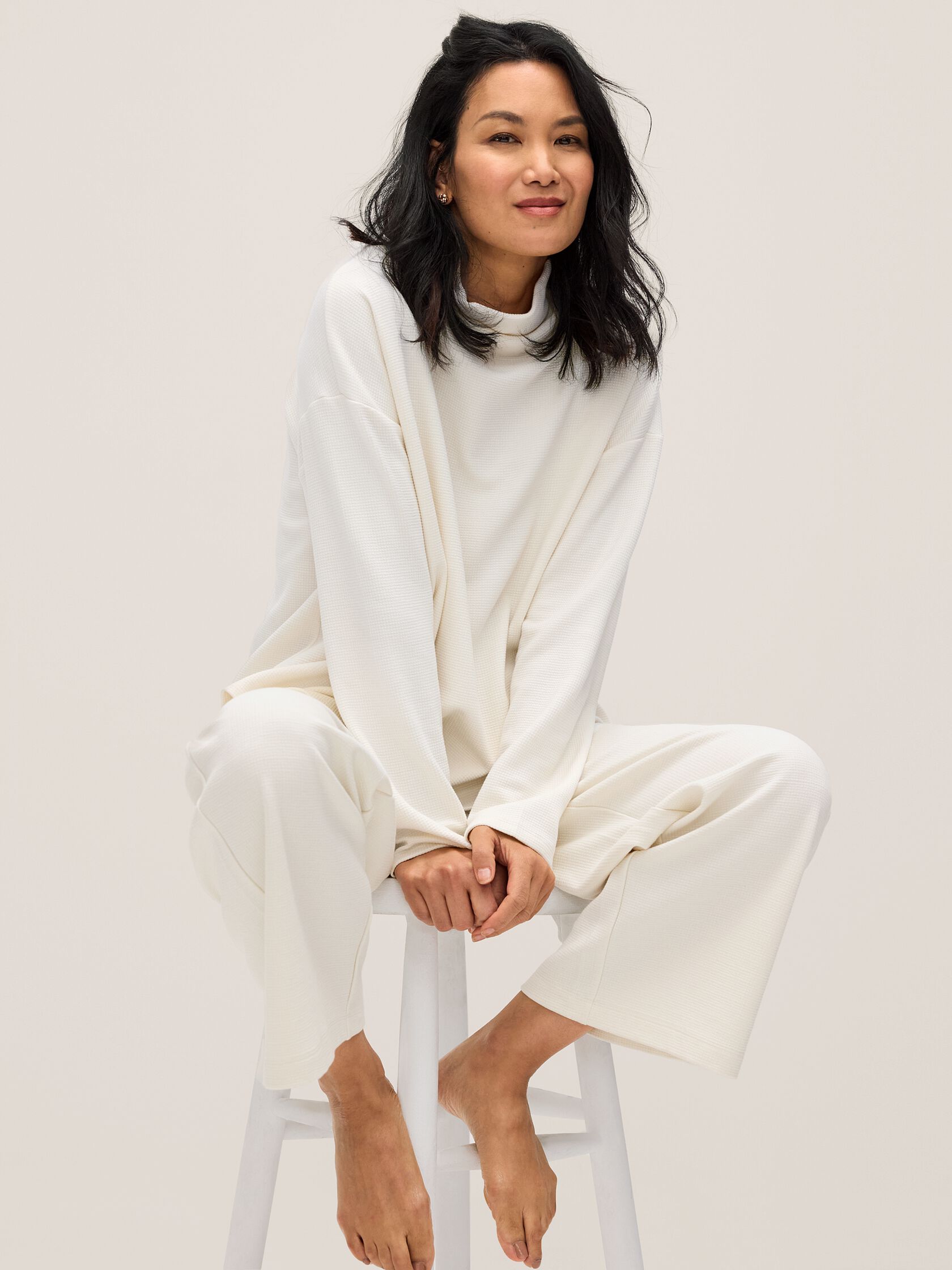 Waffle Cotton Blend Doubleknit Funnel Neck Box-Top
