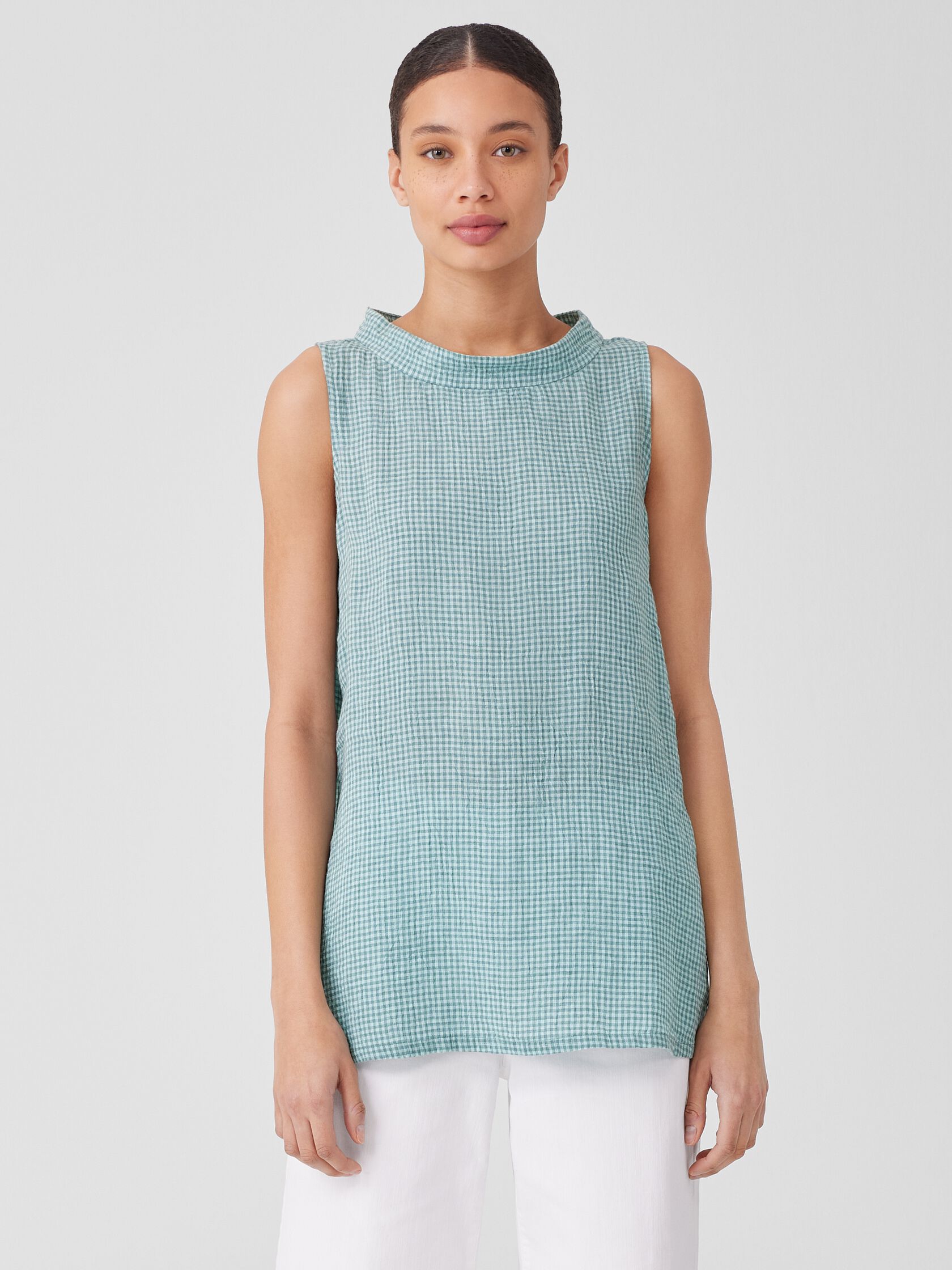 Puckered Organic Linen Mock Neck Top