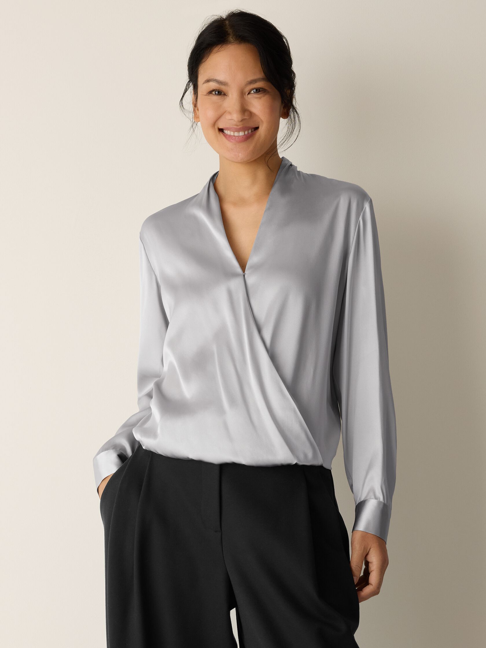 Stretch Silk Charmeuse Wrap Top