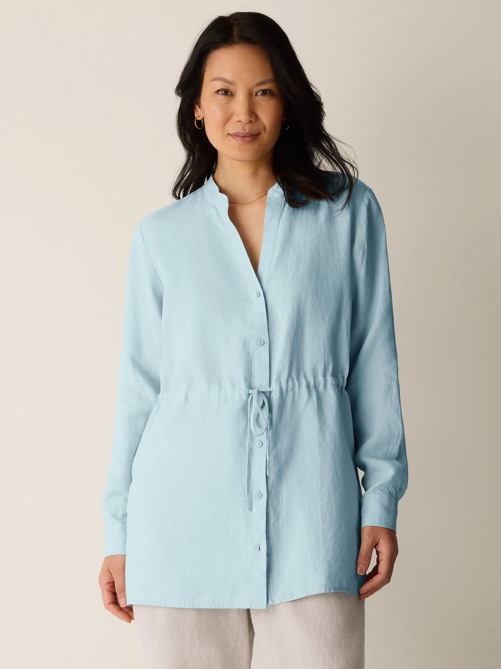 Organic Handkerchief Linen Band Collar Long Shirt