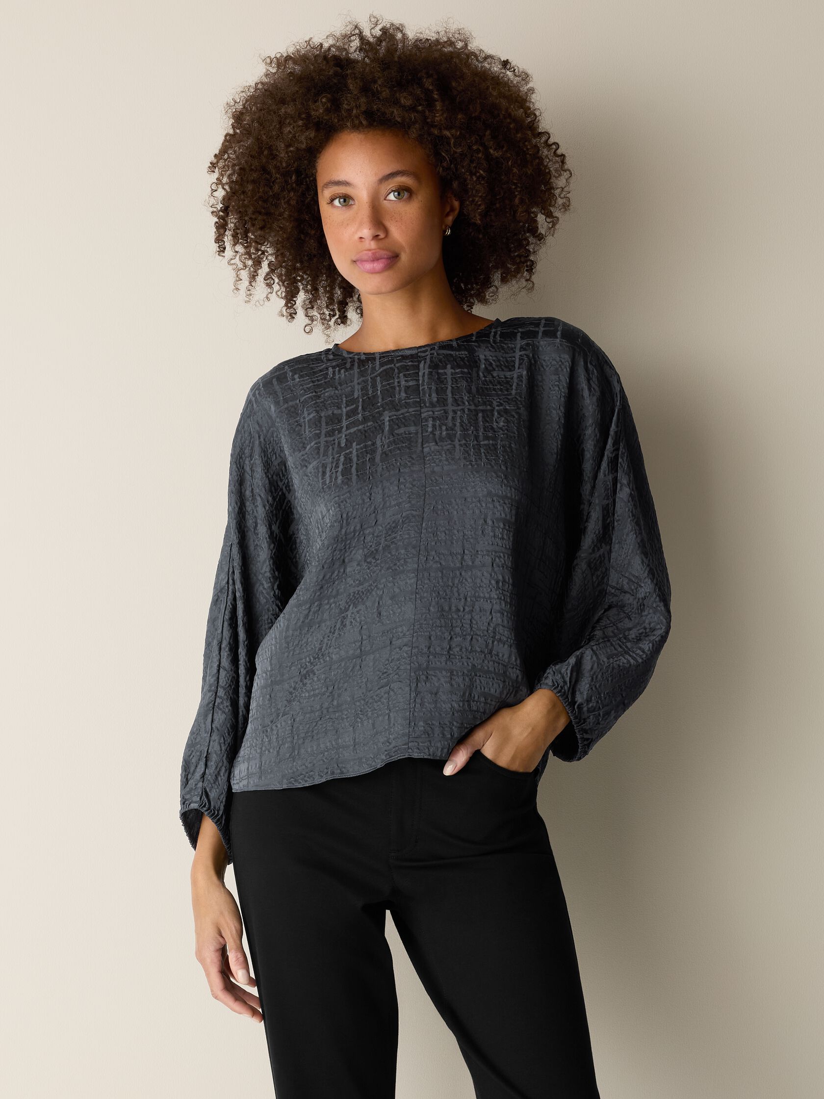 Dimensional Silk Jacquard Round Neck Top