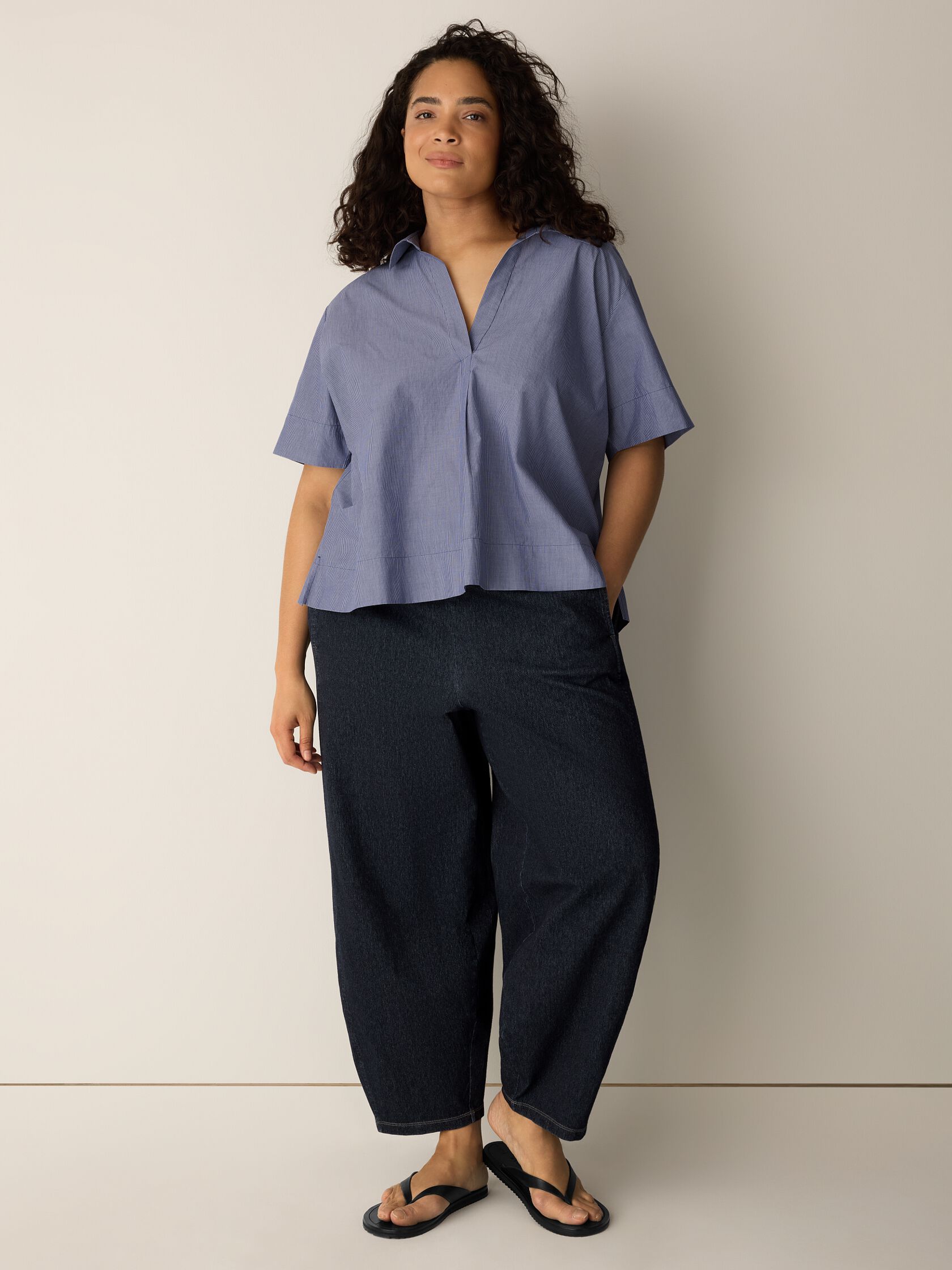 Striped Organic Cotton Poplin Split Neck Top