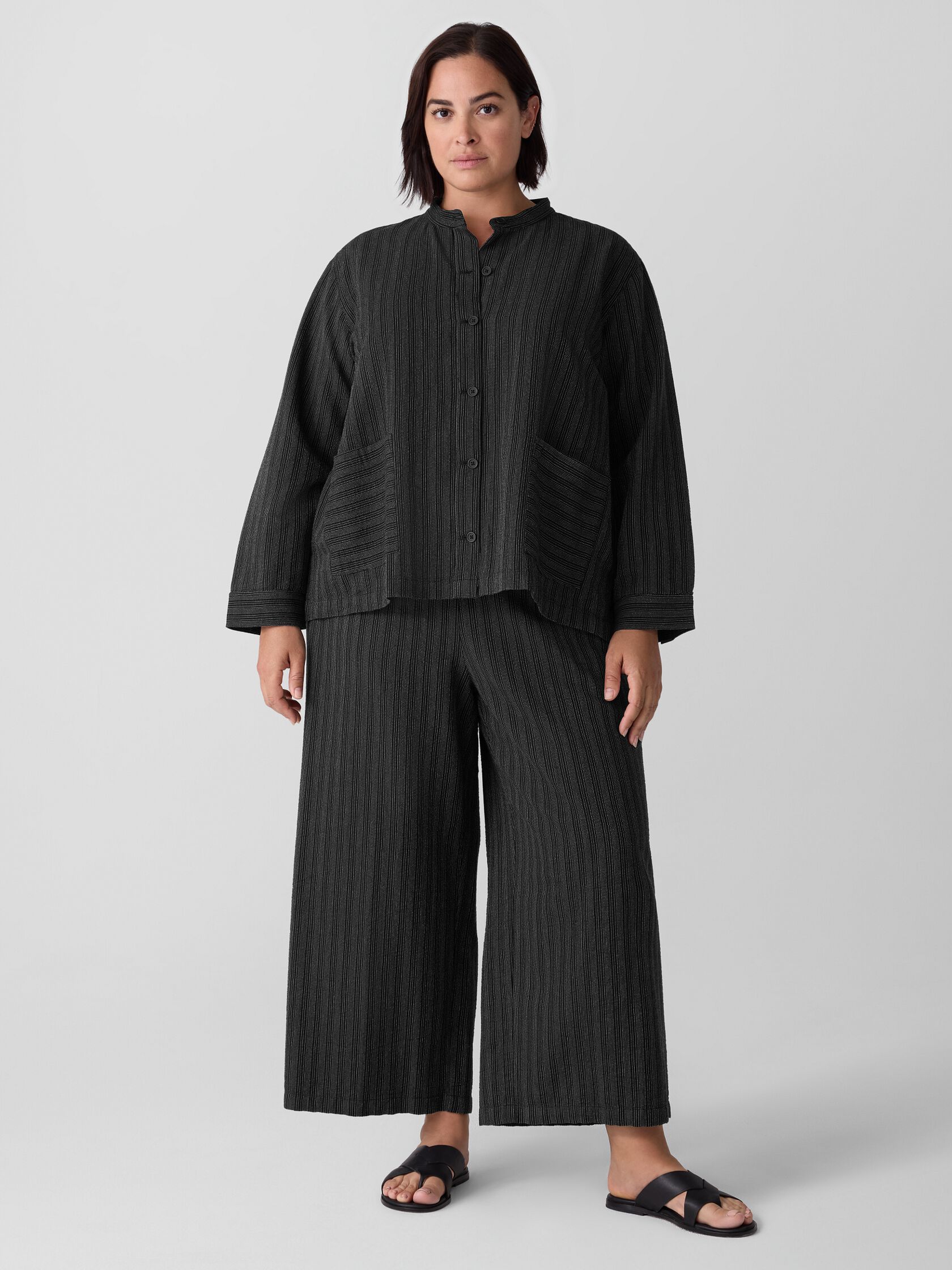 Cotton Blend Stripe Stitch Wide-Leg Pant