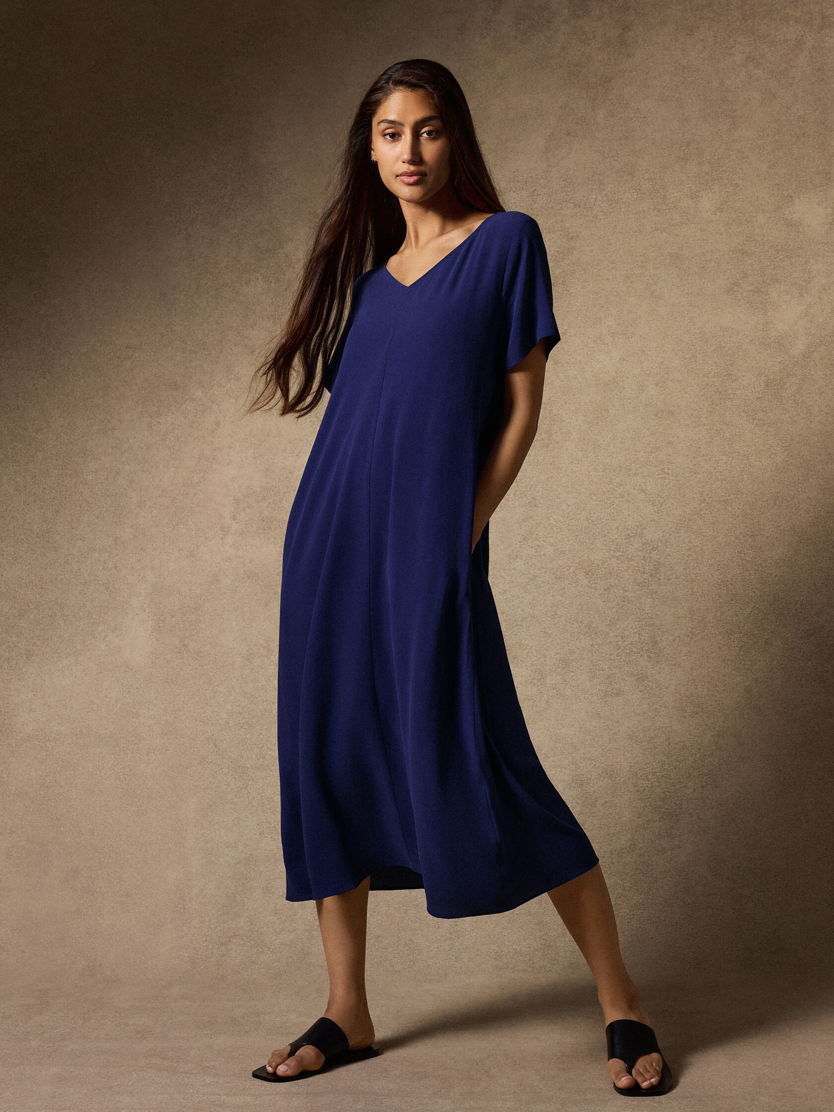 Silk Georgette Crepe V-Neck Dress