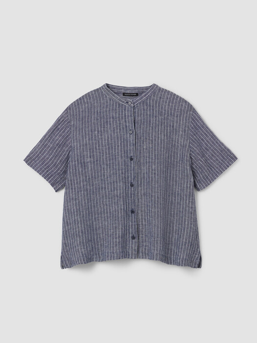 Puckered Organic Linen Band Collar Shirt