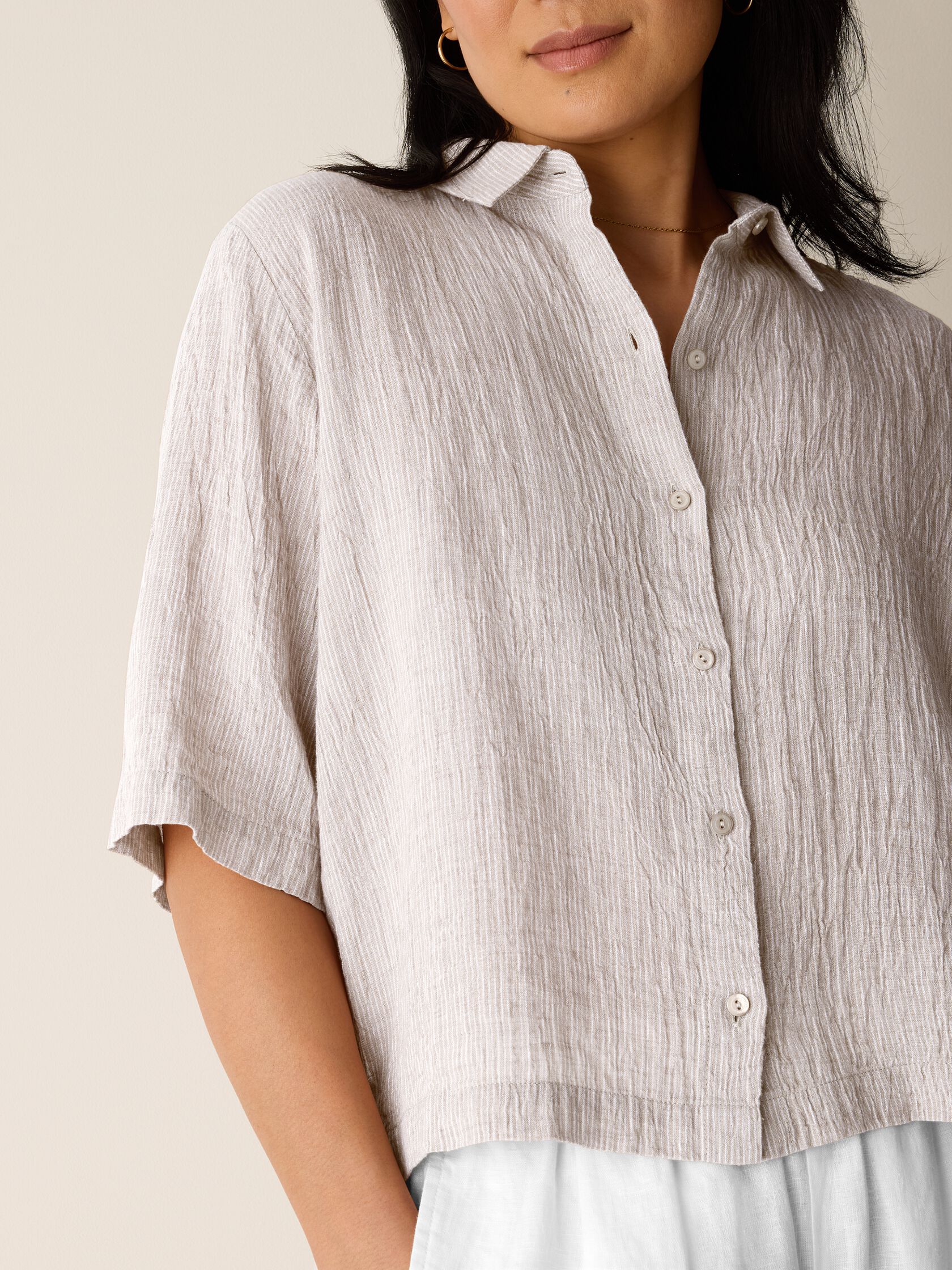 Puckered Organic Linen Stripe Elbow-Sleeve Shirt