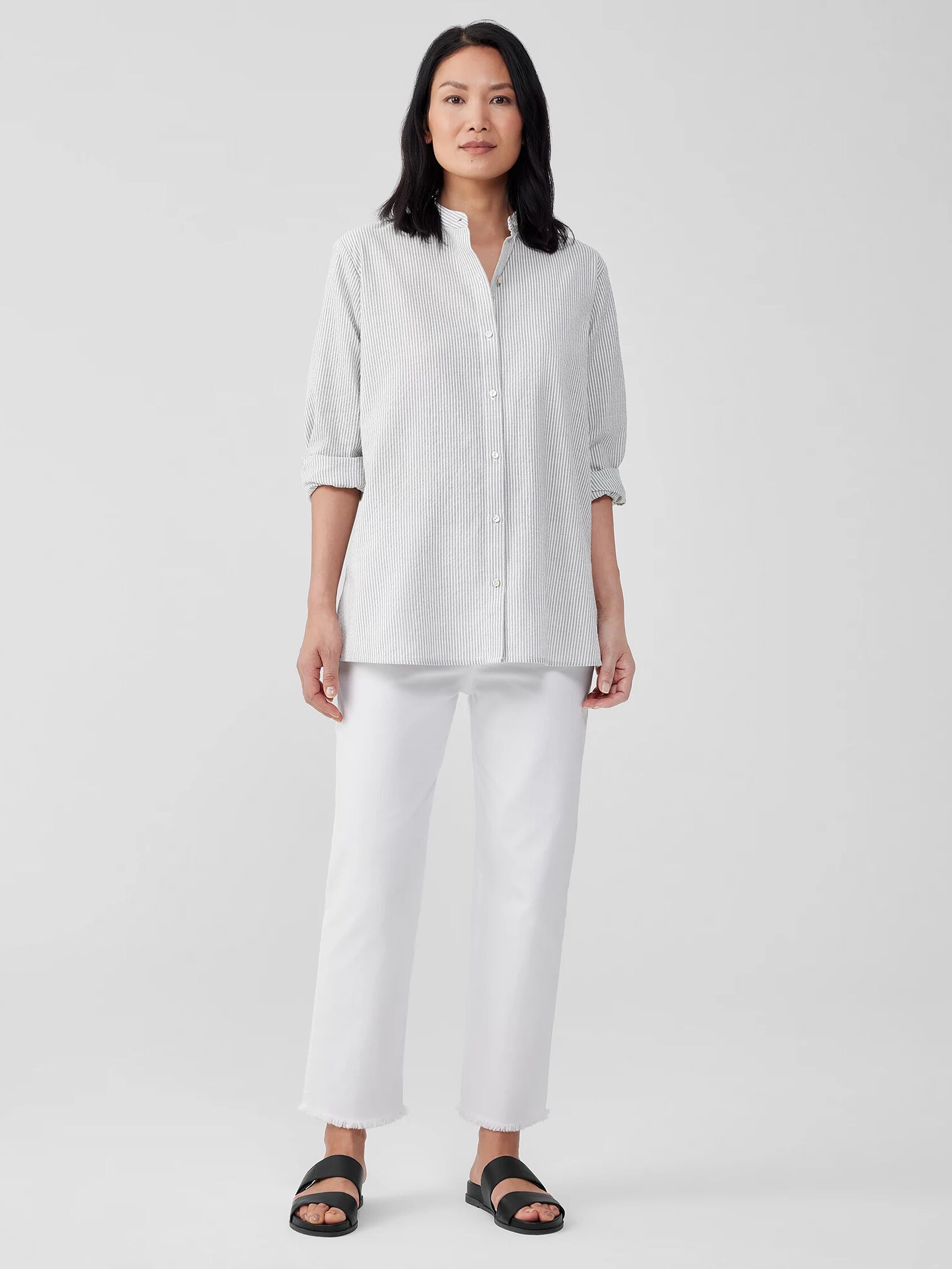 Organic Cotton Ripple Mandarin Collar Shirt | EILEEN FISHER