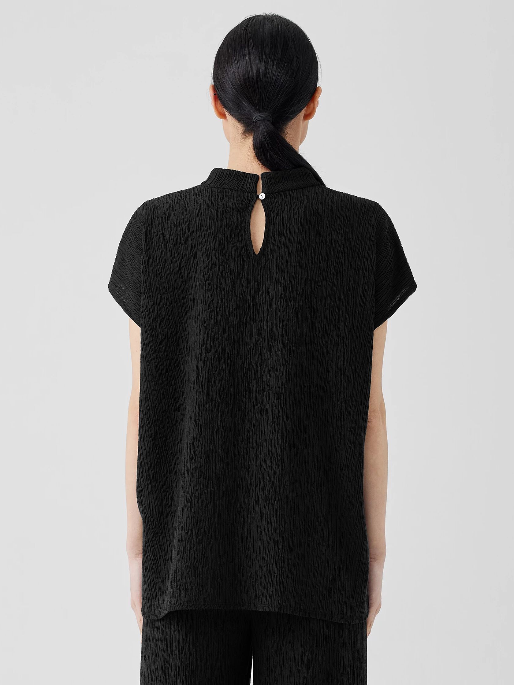 Woven Plissé Mock Neck Top