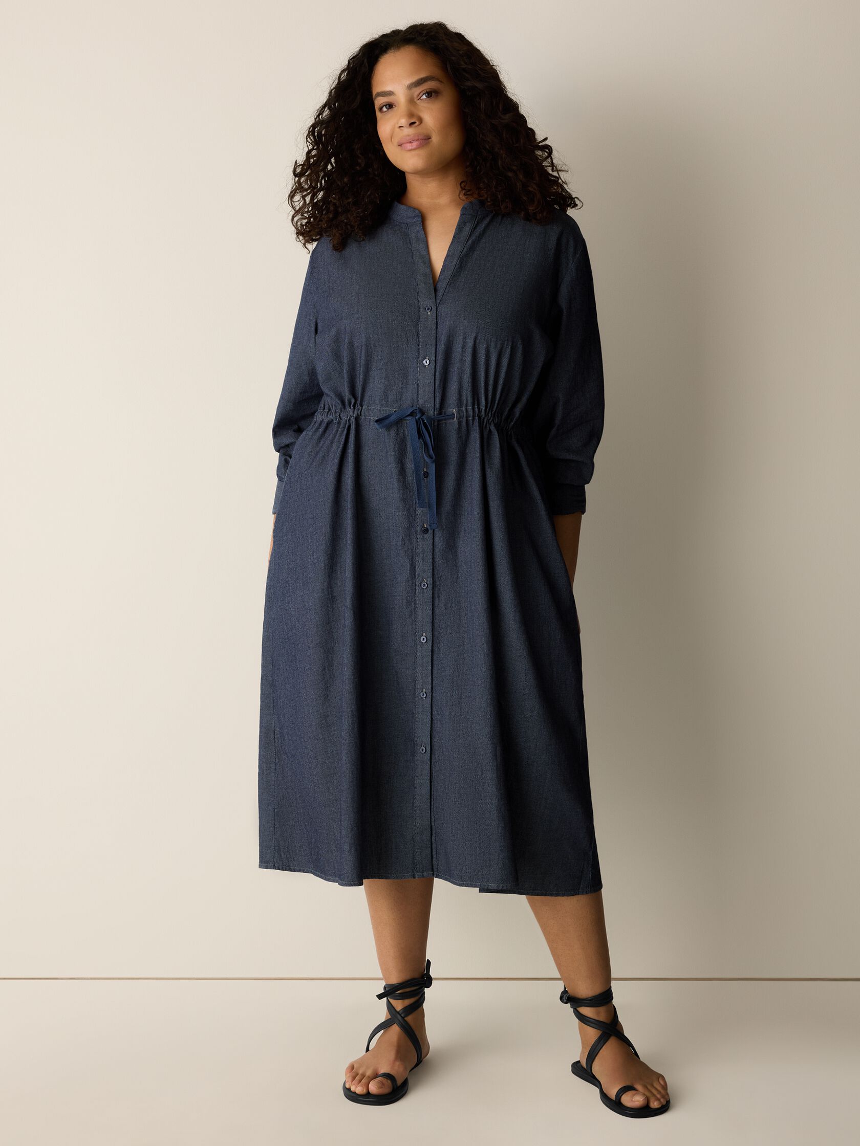 Airy Organic Cotton Twill Band Collar Shirtdress