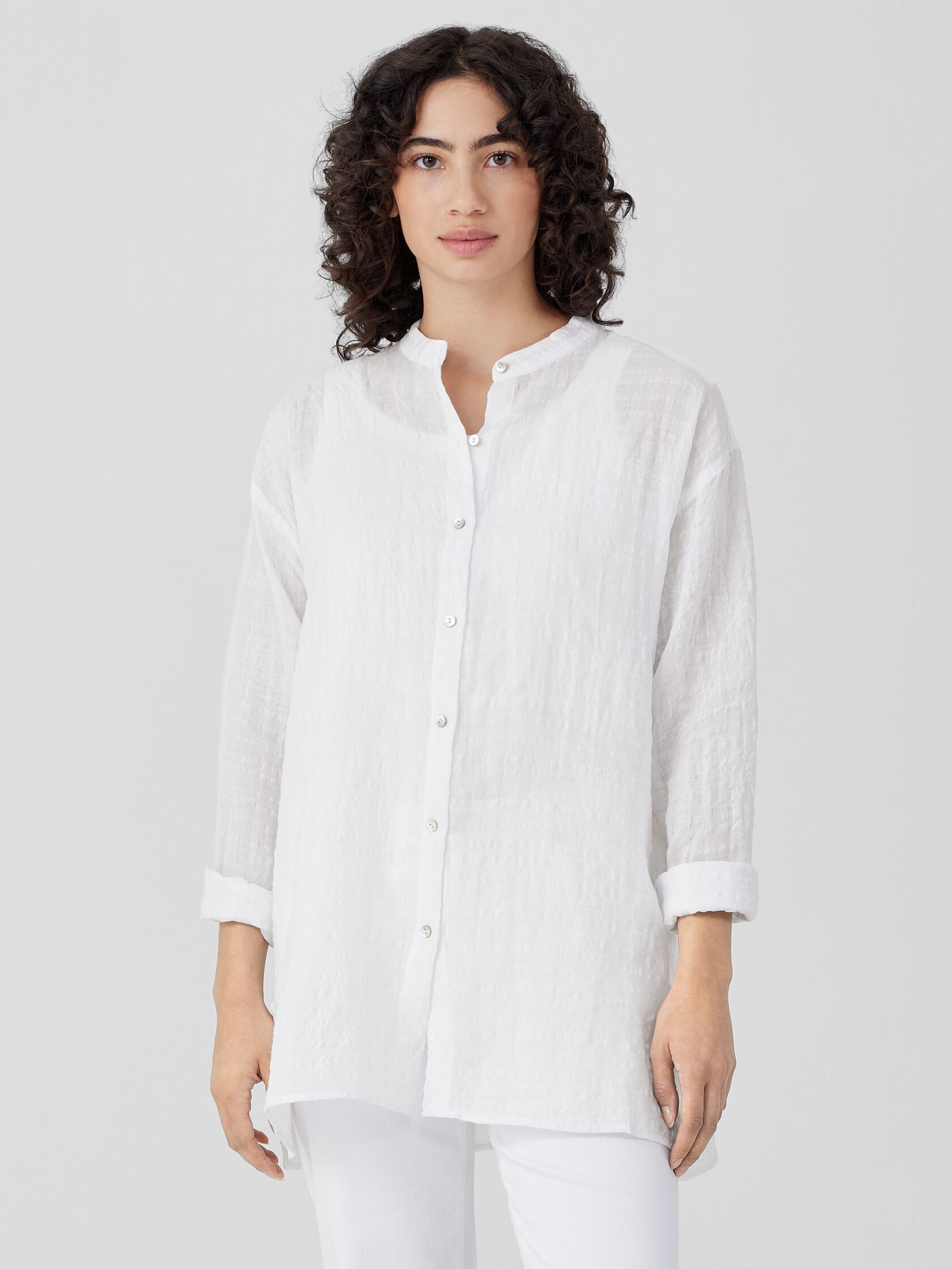 Linen Cotton Sheer Check Mandarin Collar Shirt