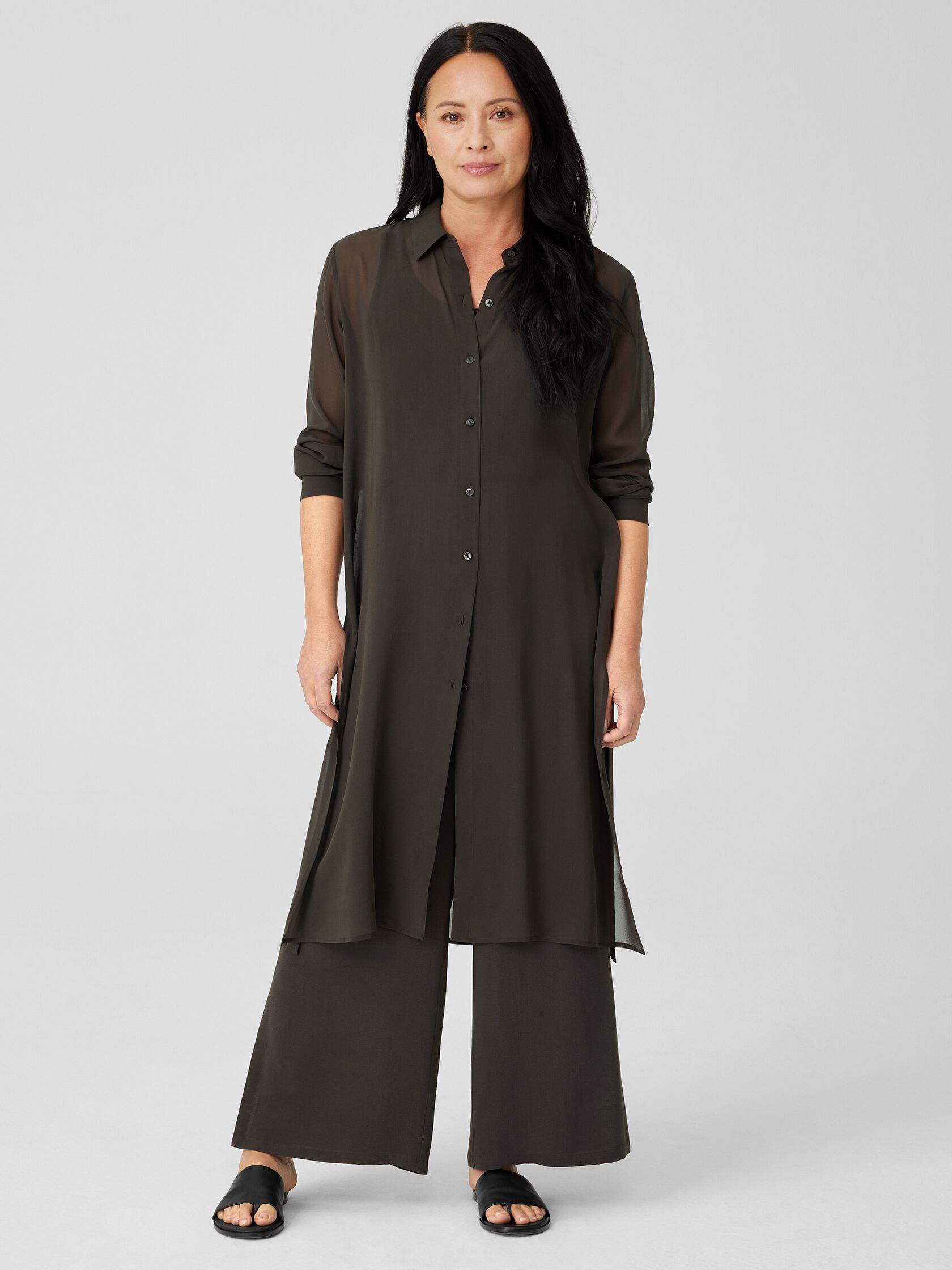 Sheer Silk Georgette Classic Collar Long Shirt