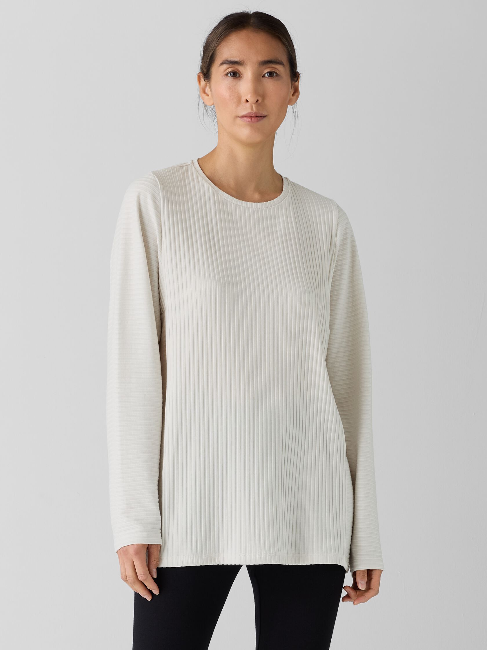 Textured Stretch Rib Round Neck Long-Sleeve Top