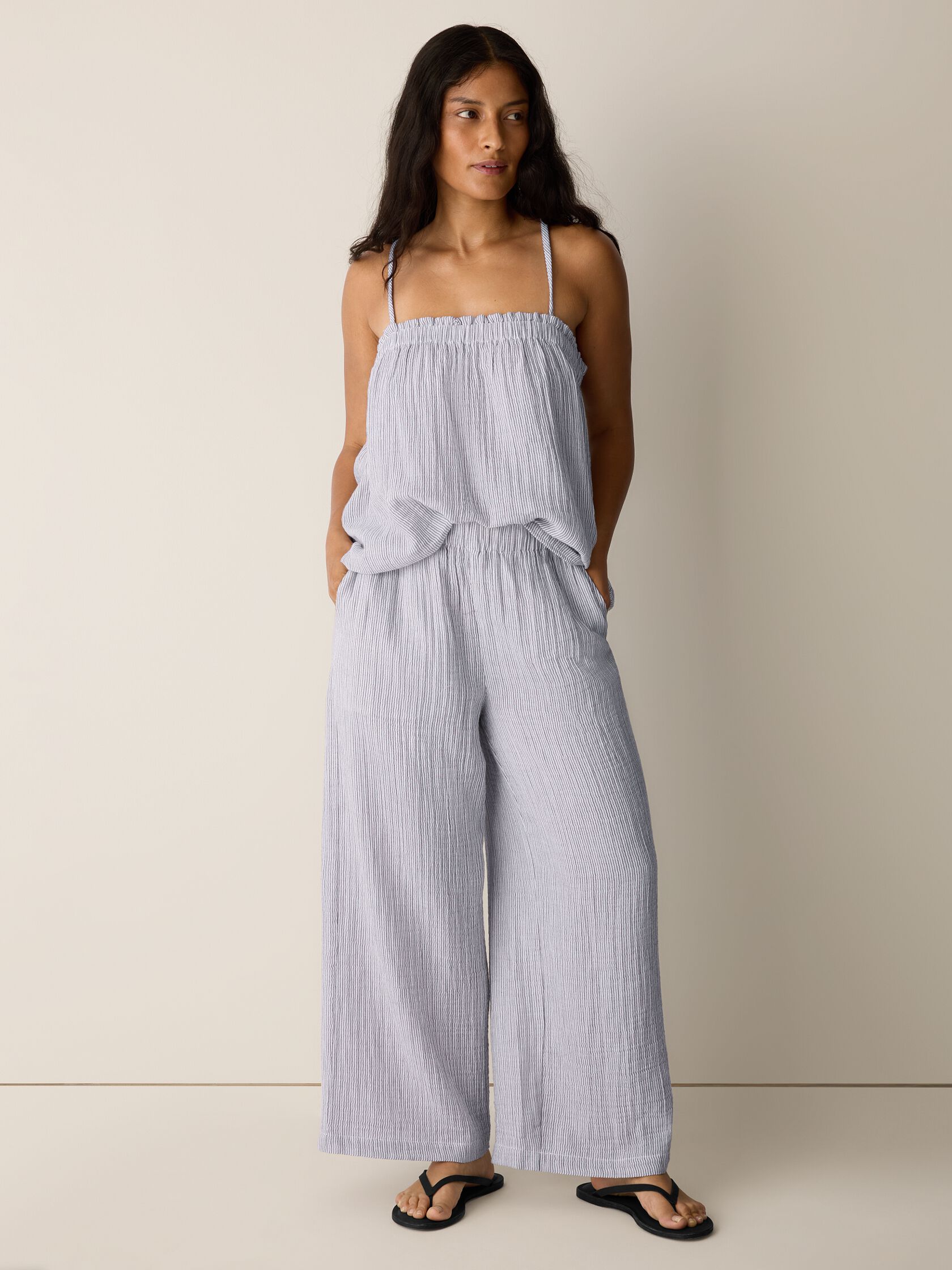 Striped Organic Cotton Gauze Wide-Leg Pant