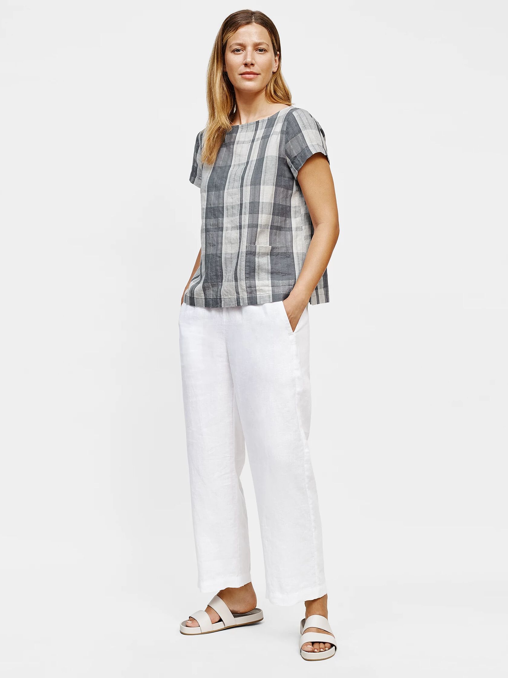Organic Linen Cotton Plaid Bateau Neck Top