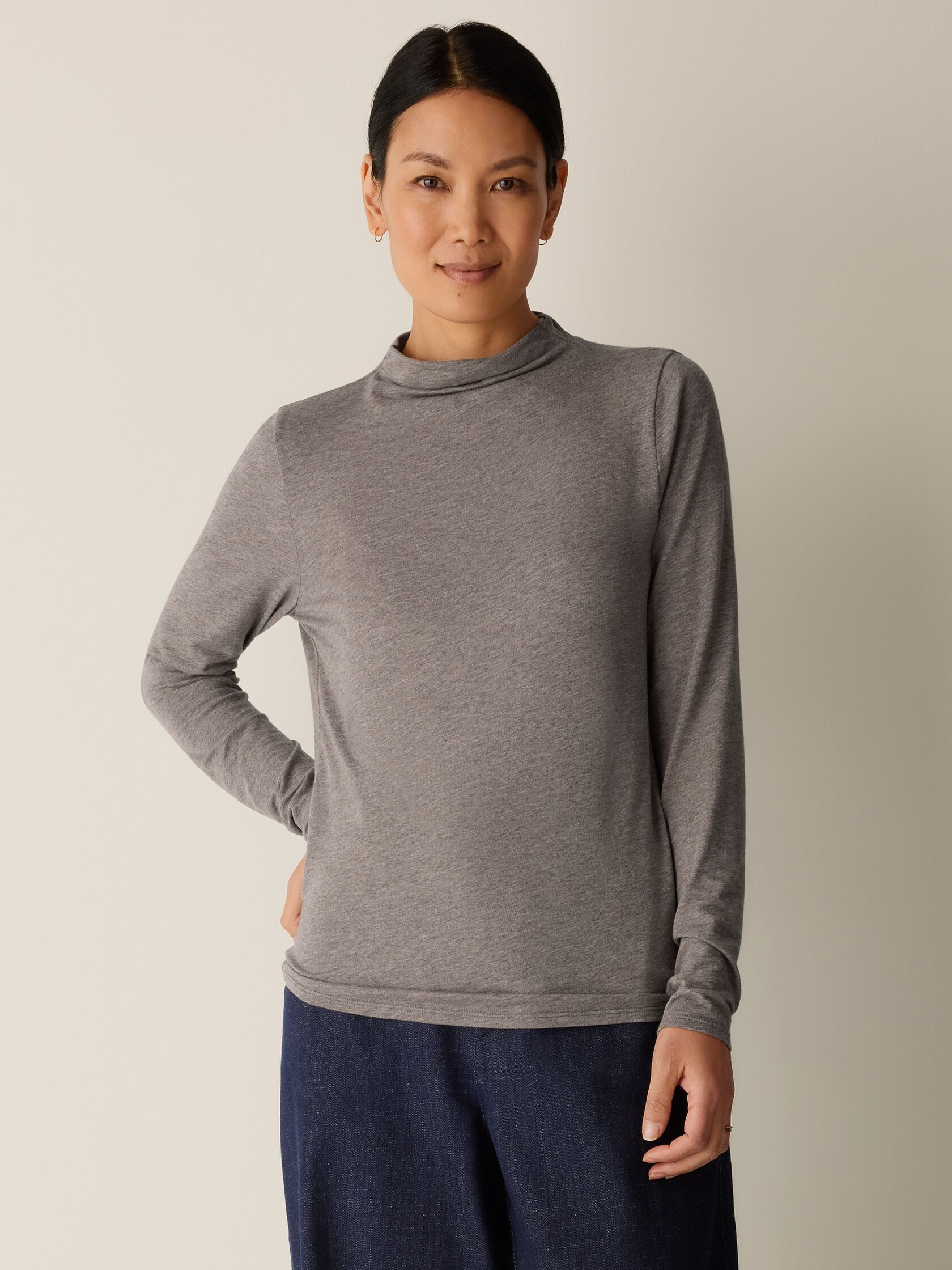 M&eacute;lange Sheer Cotton Blend Knit Funnel Neck Top