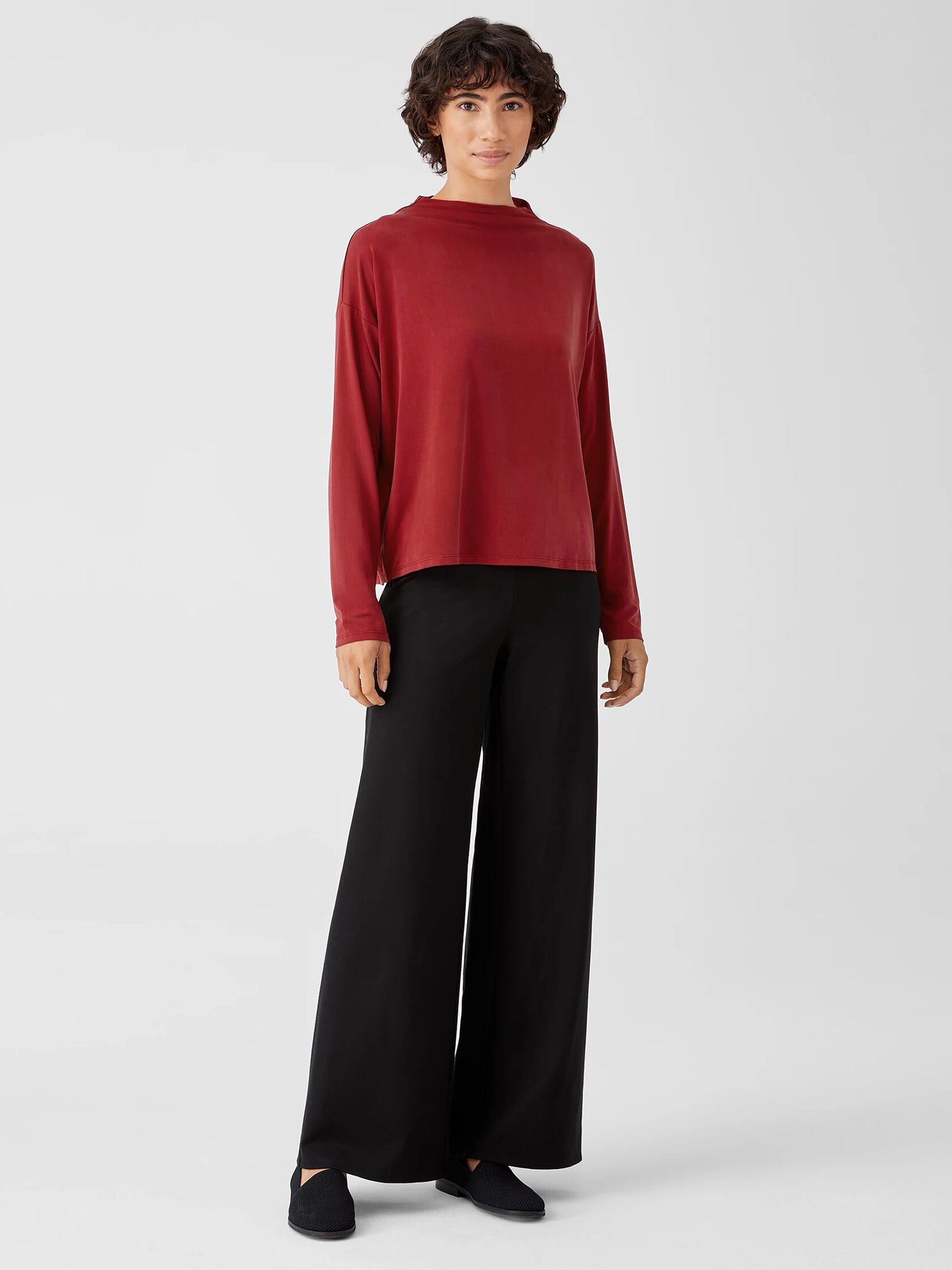 Sueded Cupro Knit Funnel Neck Box-Top