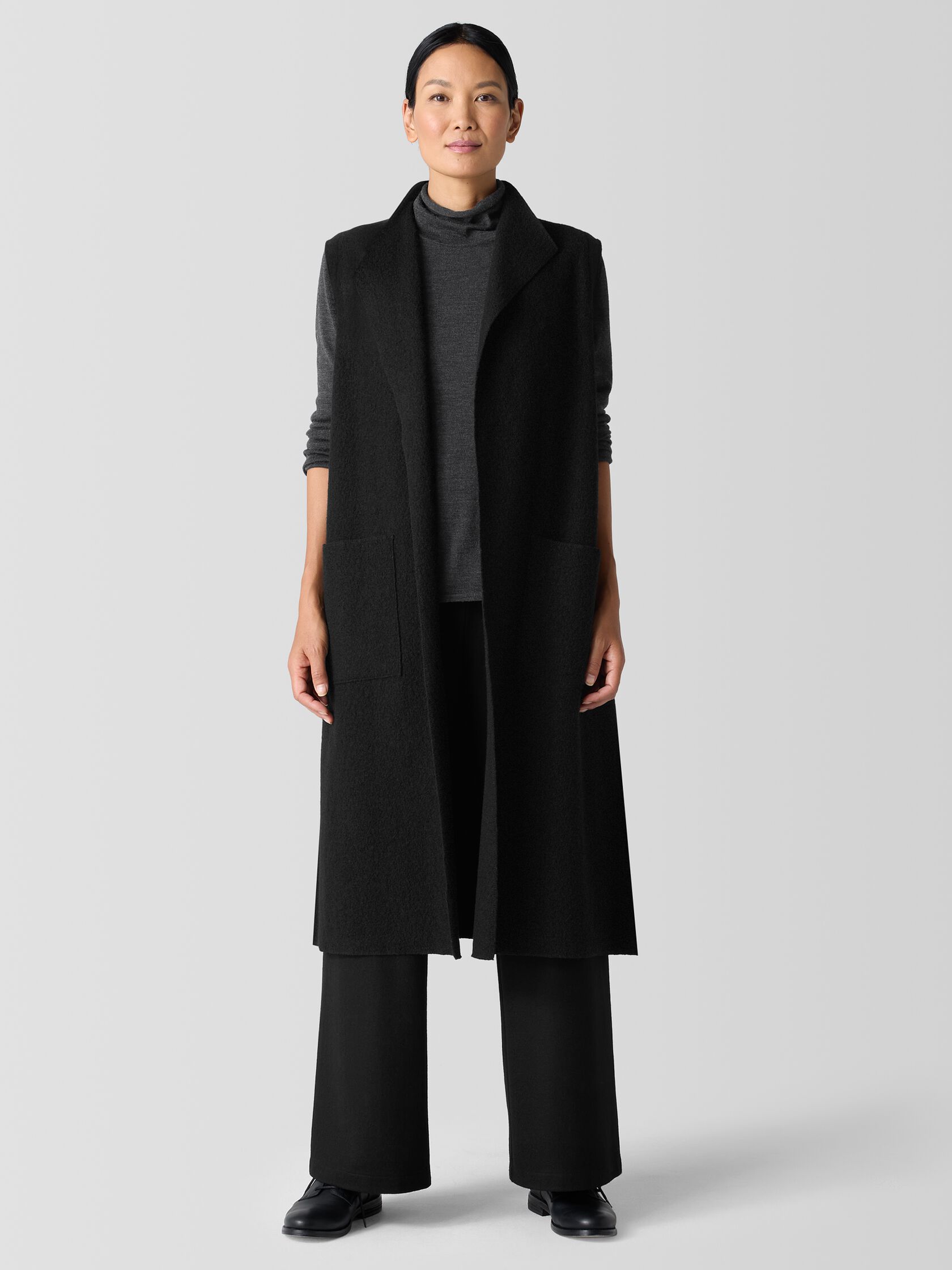 Lightweight Boiled Wool Shawl Collar Vest in Regenerative Wool