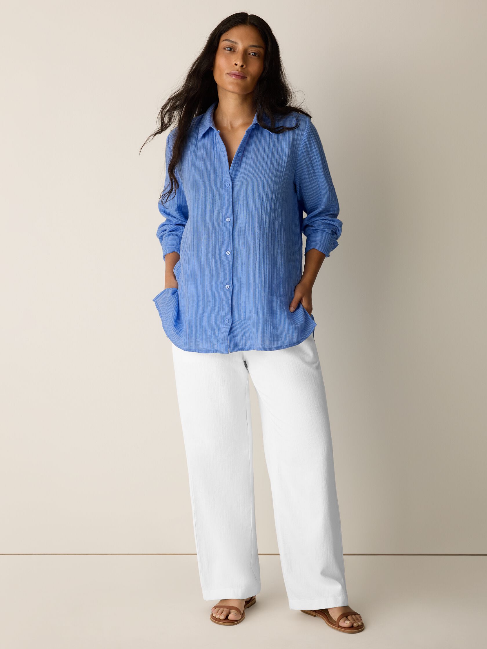 Striped Organic Cotton Gauze Classic Collar Shirt