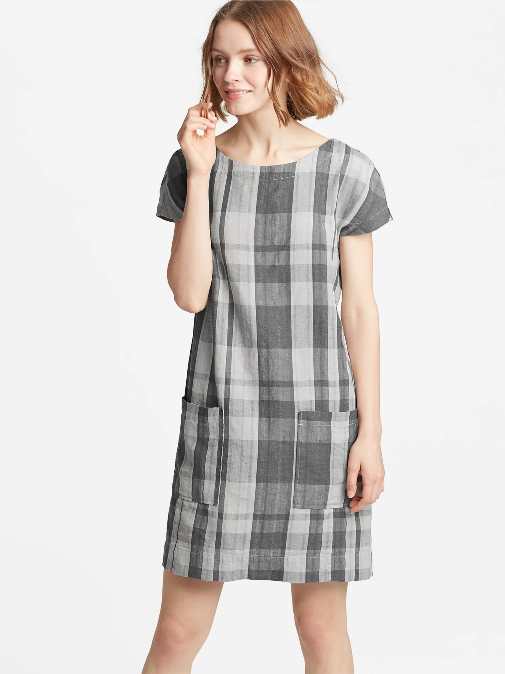 Organic Linen Cotton Plaid V-Back Dress