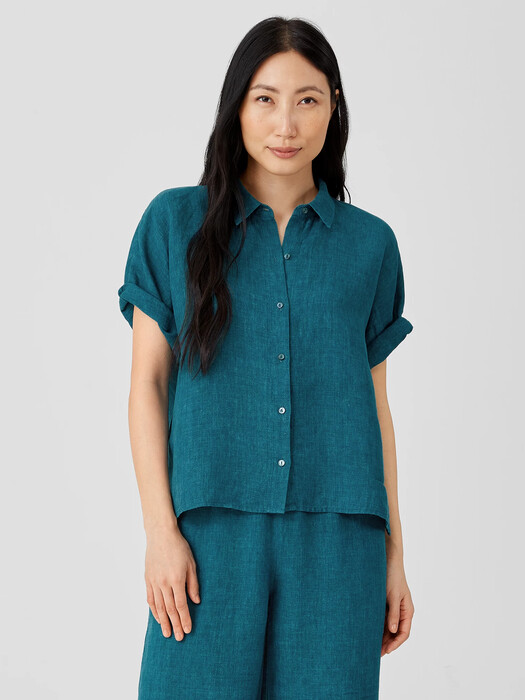 Washed Organic Linen Delave Short-Sleeve Shirt