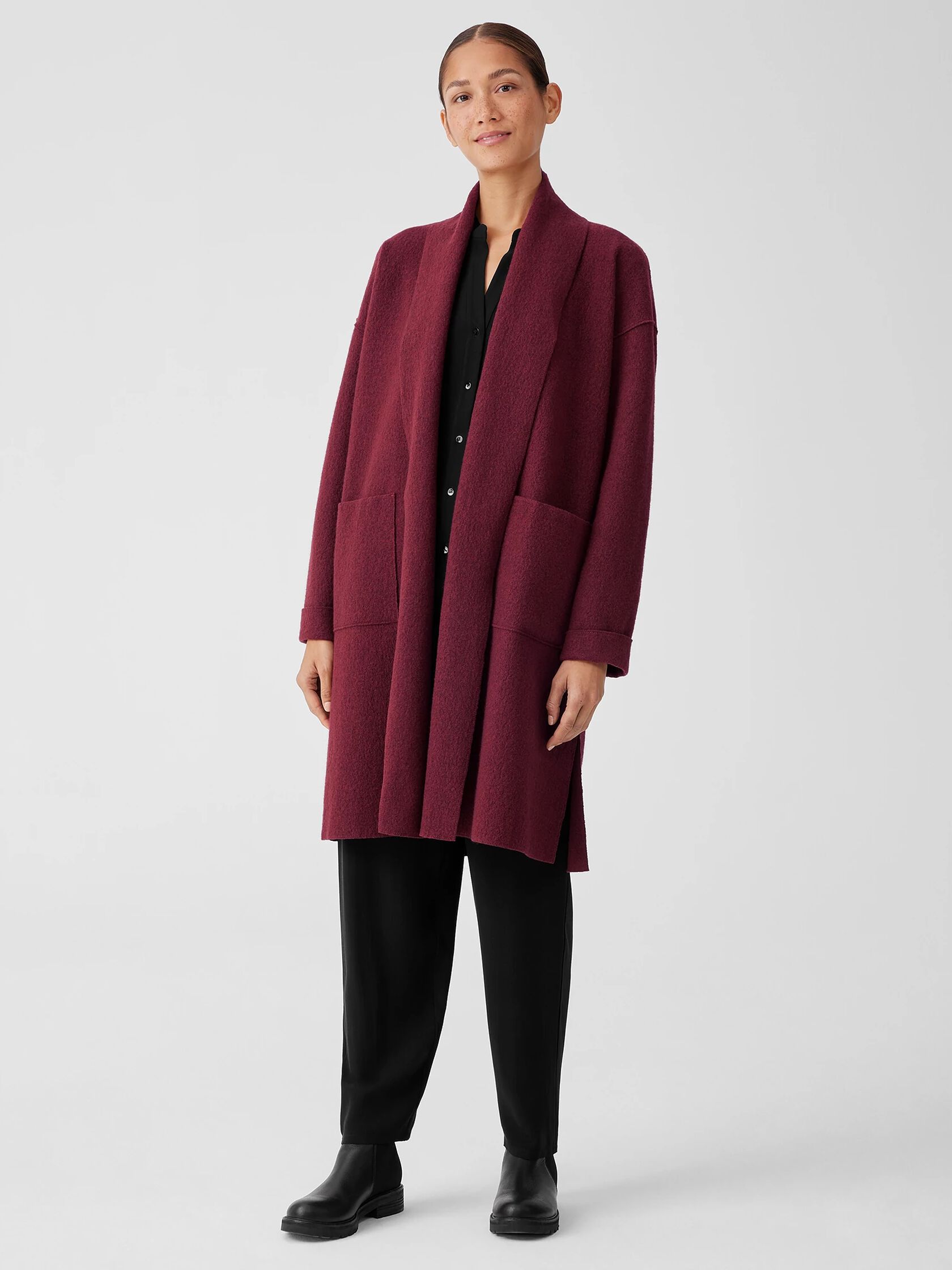 Lightweight Boiled Wool High Collar Coat in Regenerative Wool