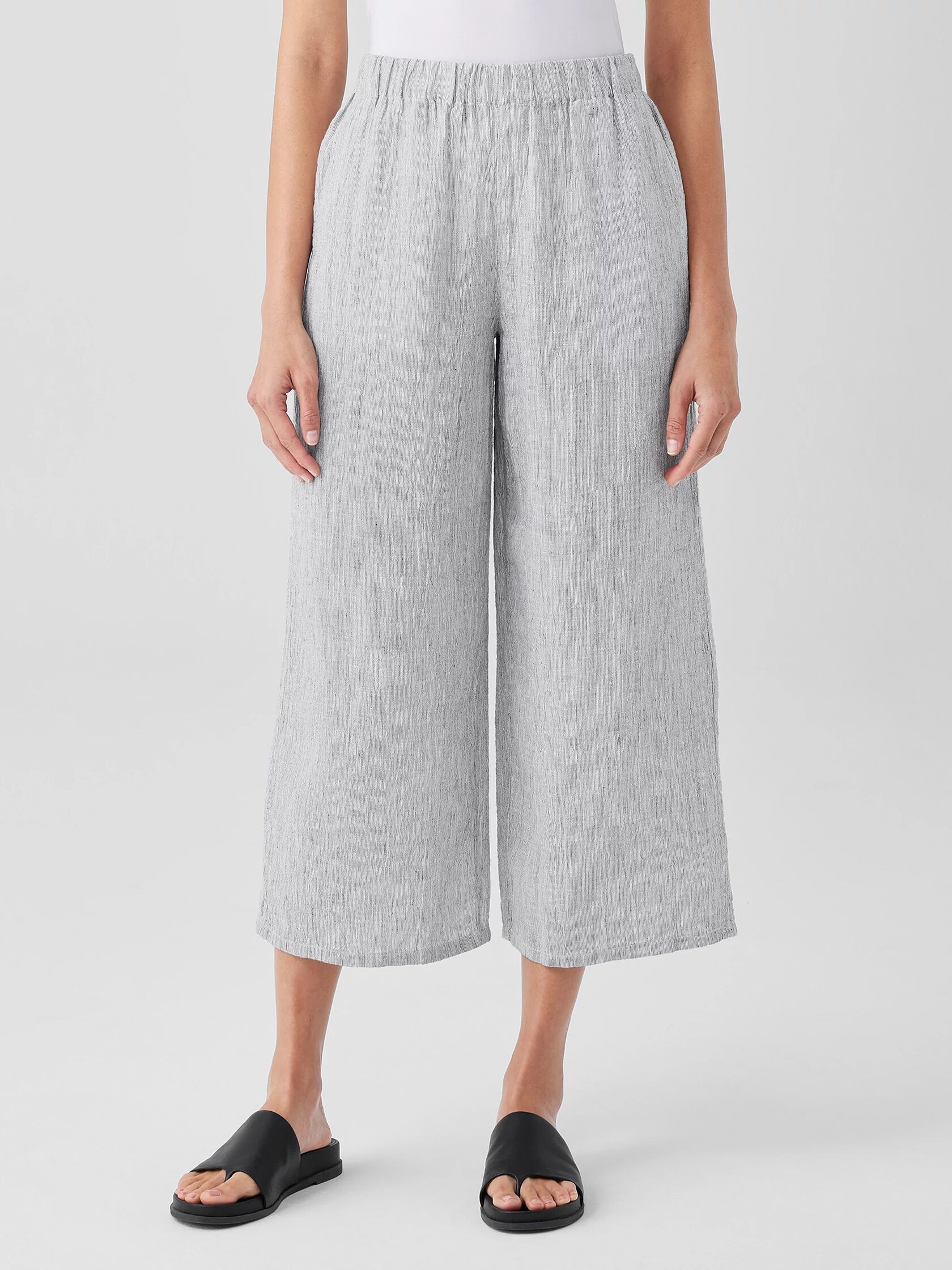 Crinkled Organic Linen Stripe Wide-Leg Pant