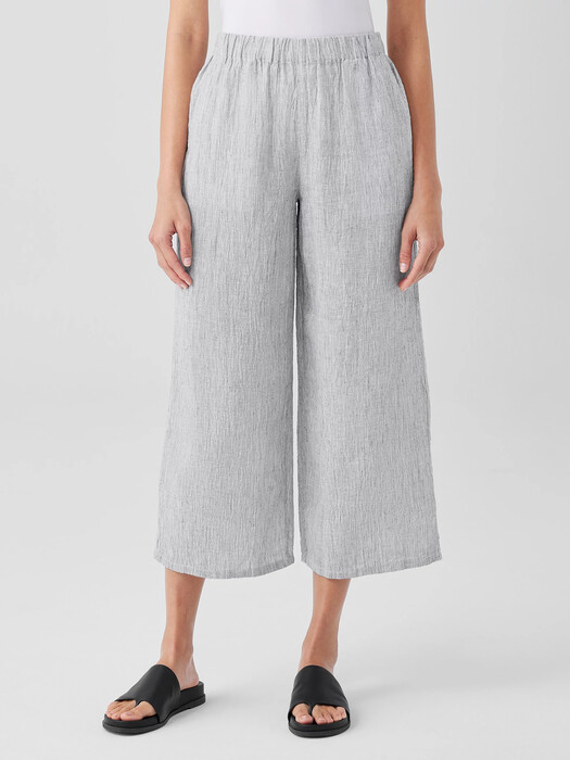 Crinkled Organic Linen Stripe Wide-Leg Pant