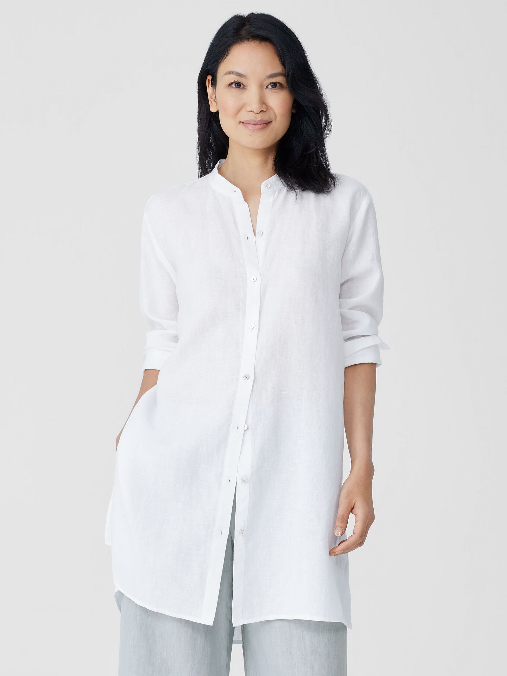 Handkerchief Linen Mandarin Collar Long Shirt