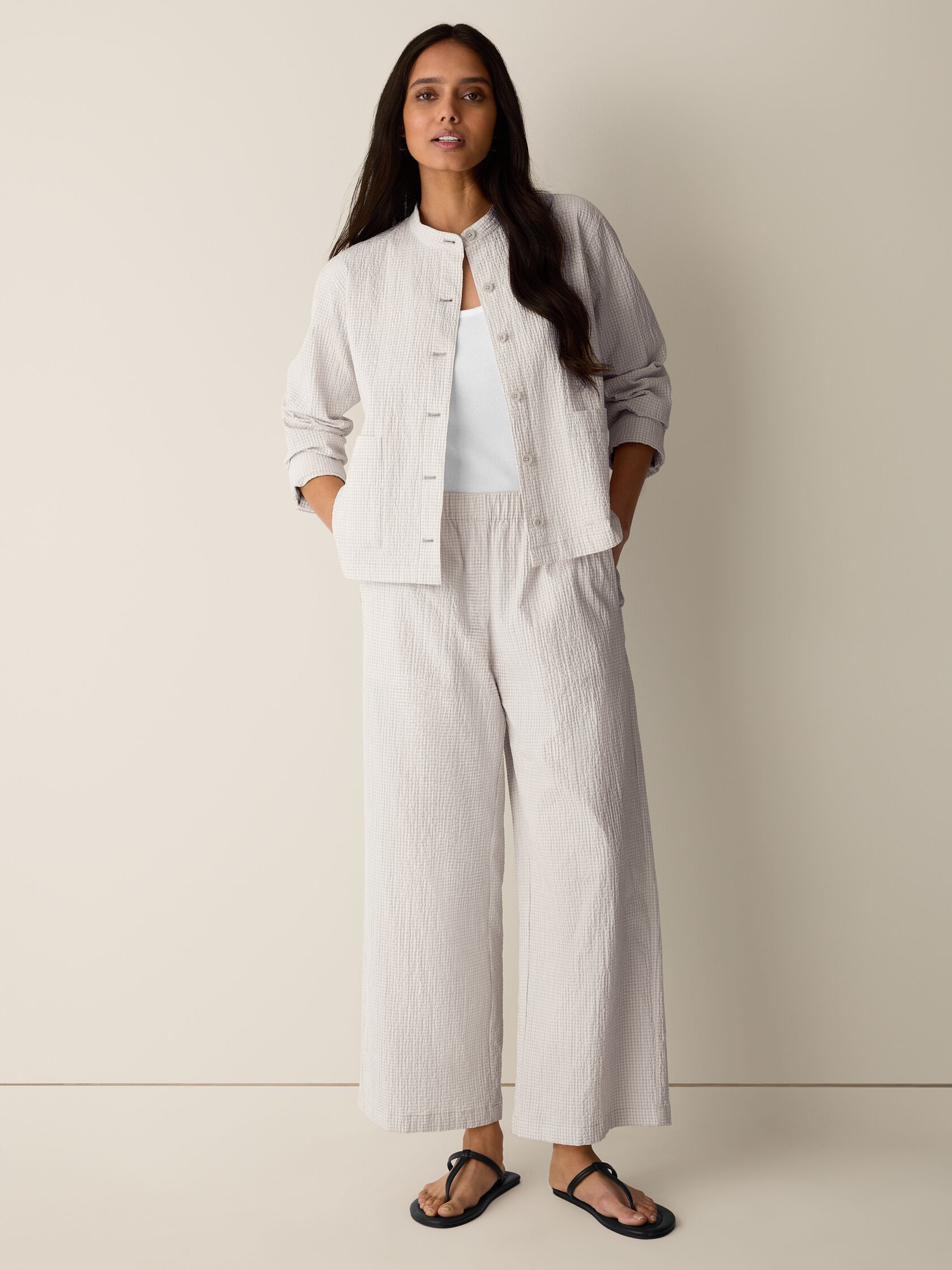 Organic Cotton Pucker Check Wide-Leg Pant