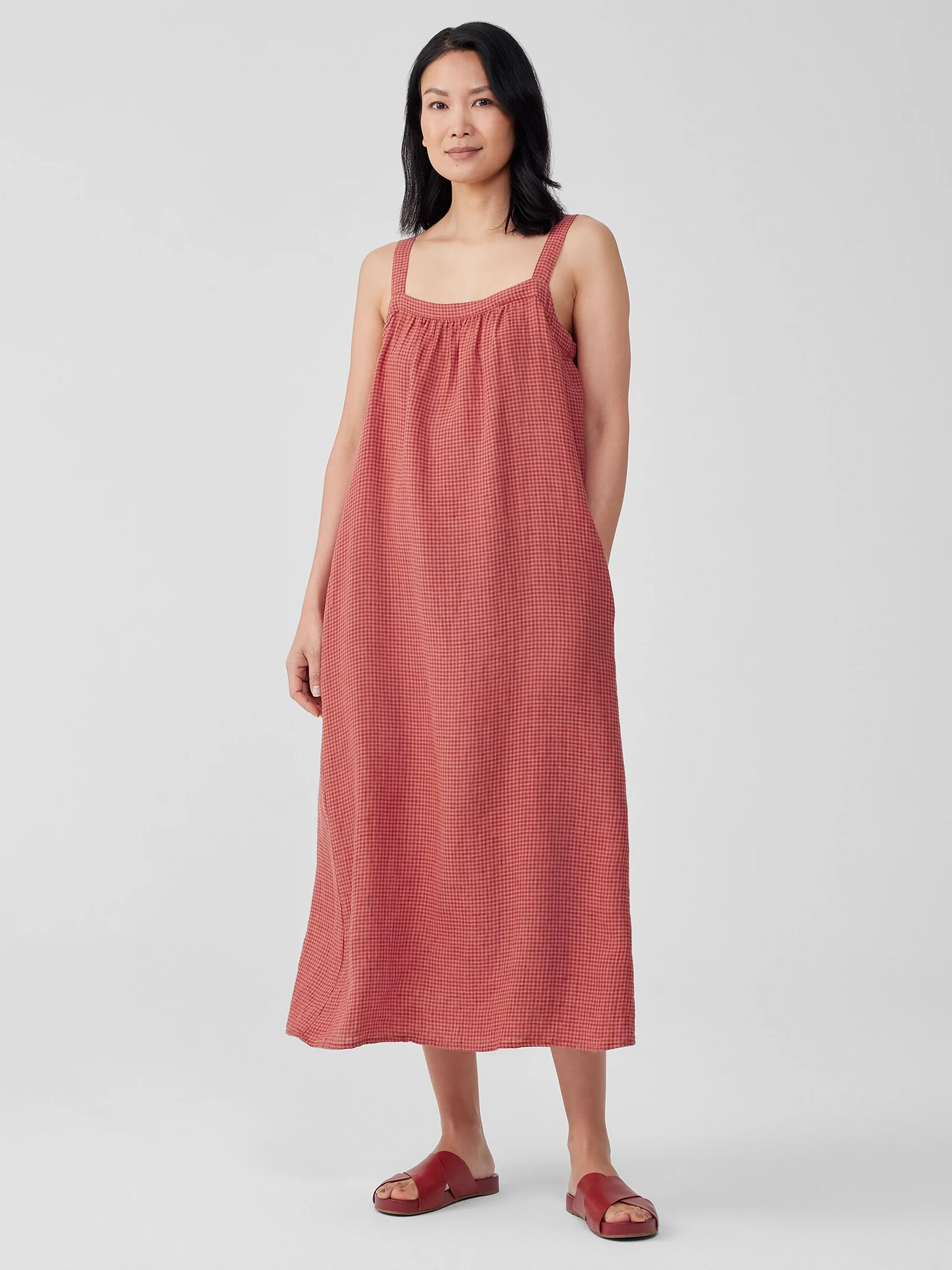 Puckered Organic Linen Square Neck Dress