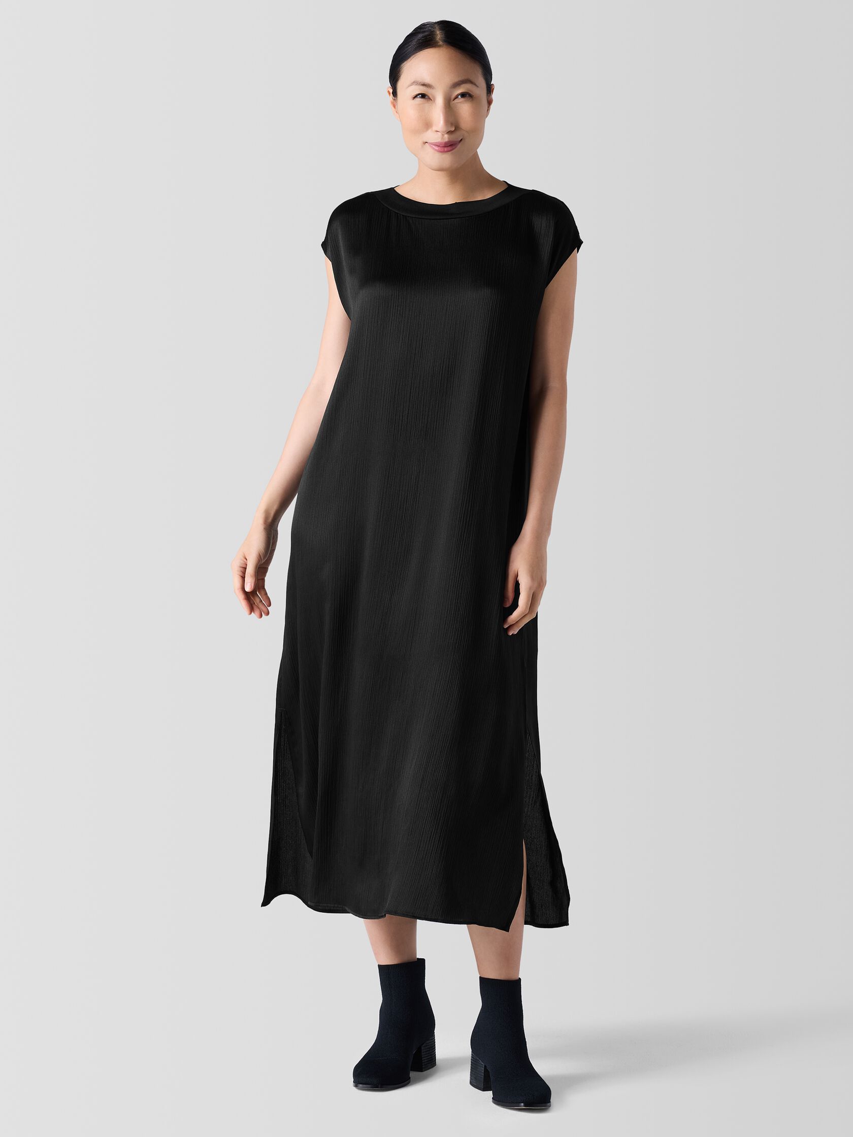 Striated Silk Satin Bateau Neck Dress