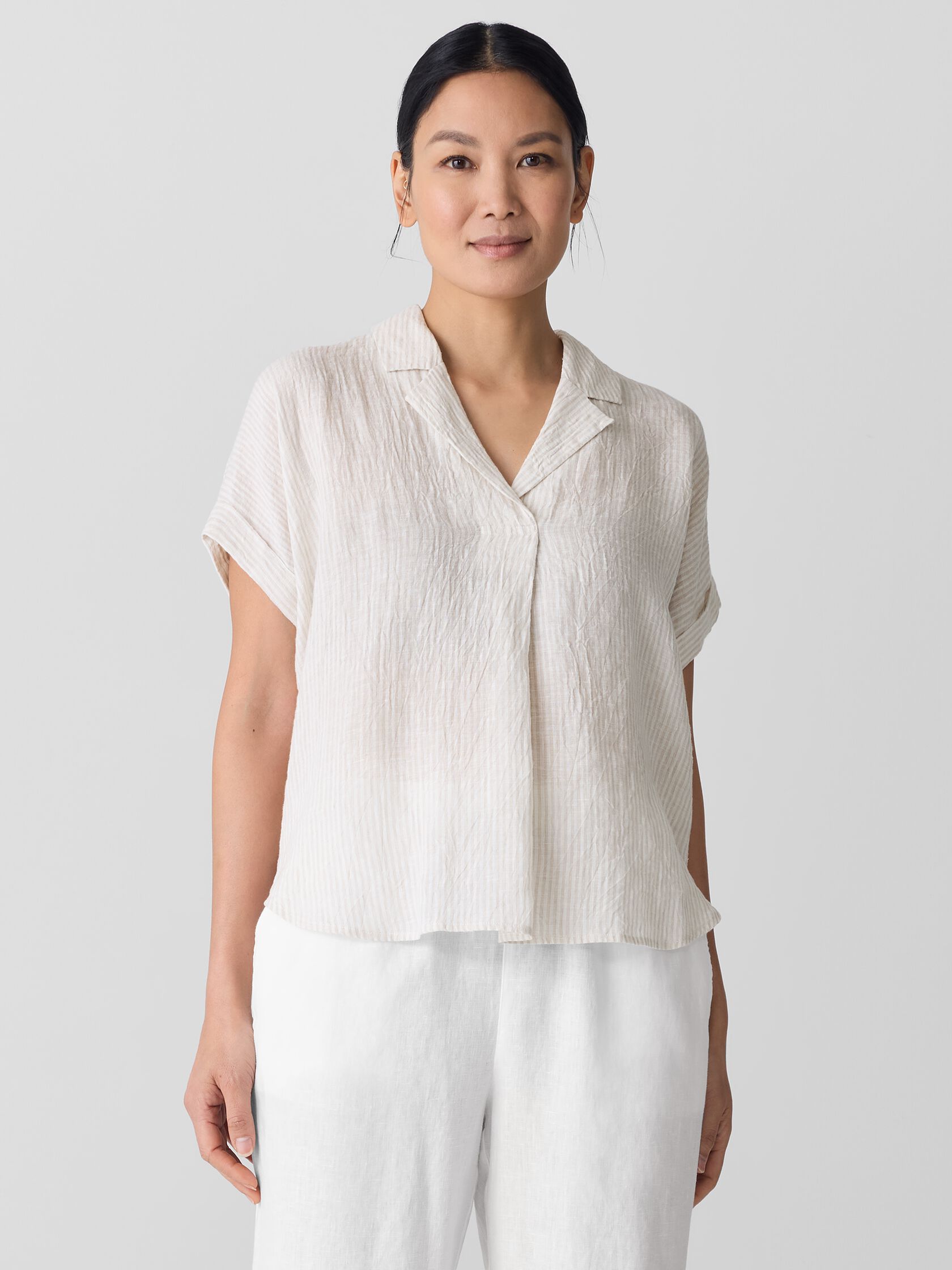 Puckered Organic Linen Stripe Notch Collar Top