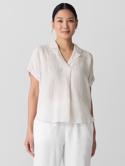 Puckered Organic Linen Stripe Notch Collar Top EILEEN FISHER