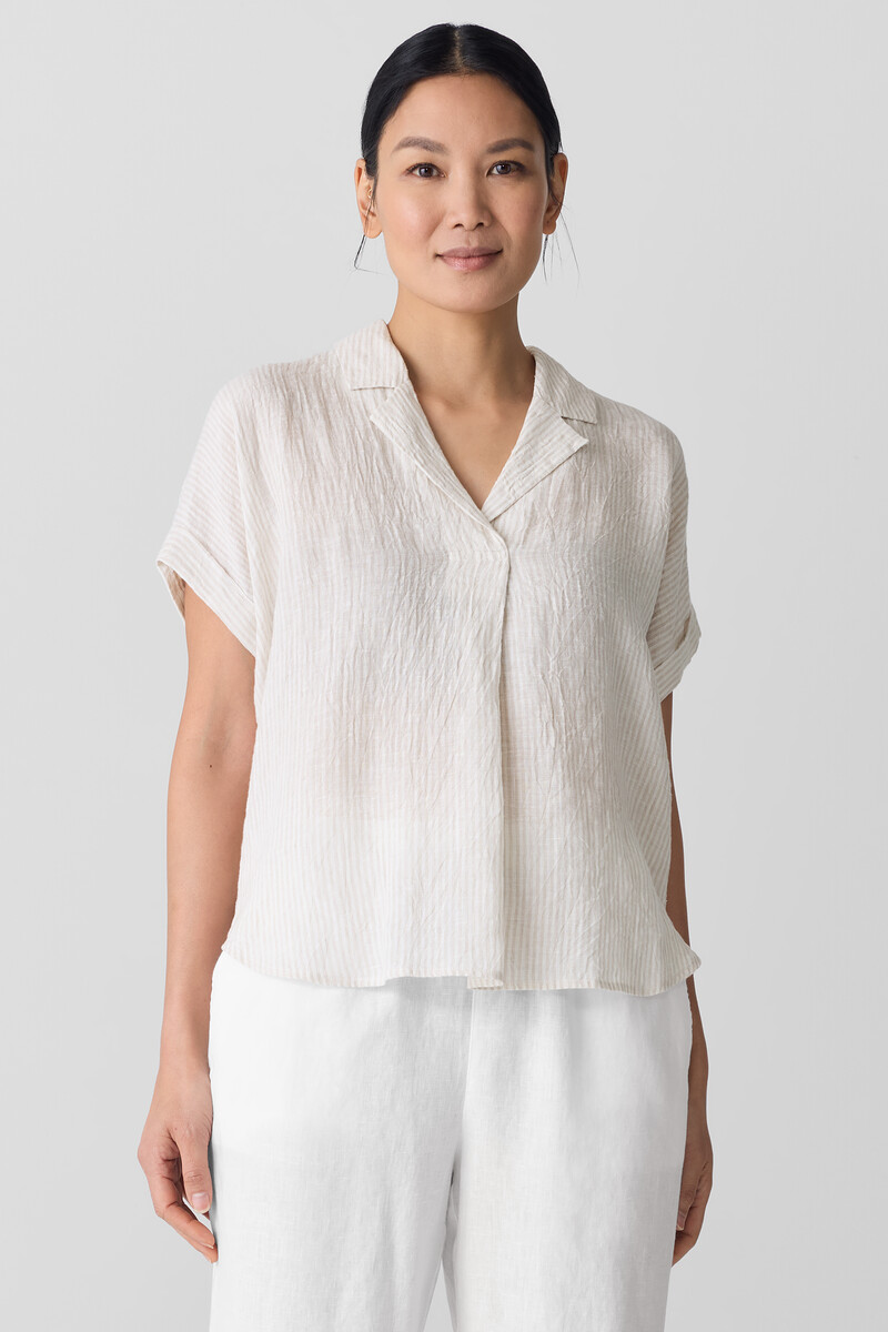 Puckered Organic Linen Stripe Notch Collar Top Puckered Organic Linen Stripe Notch Collar Top