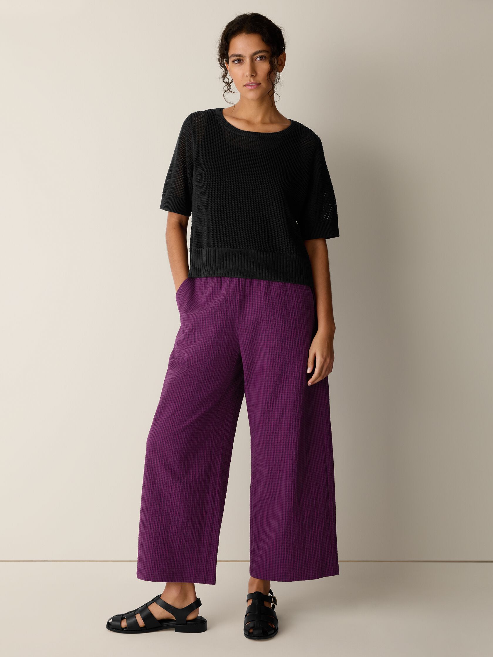 Organic Cotton Pucker Check Wide-Leg Pant