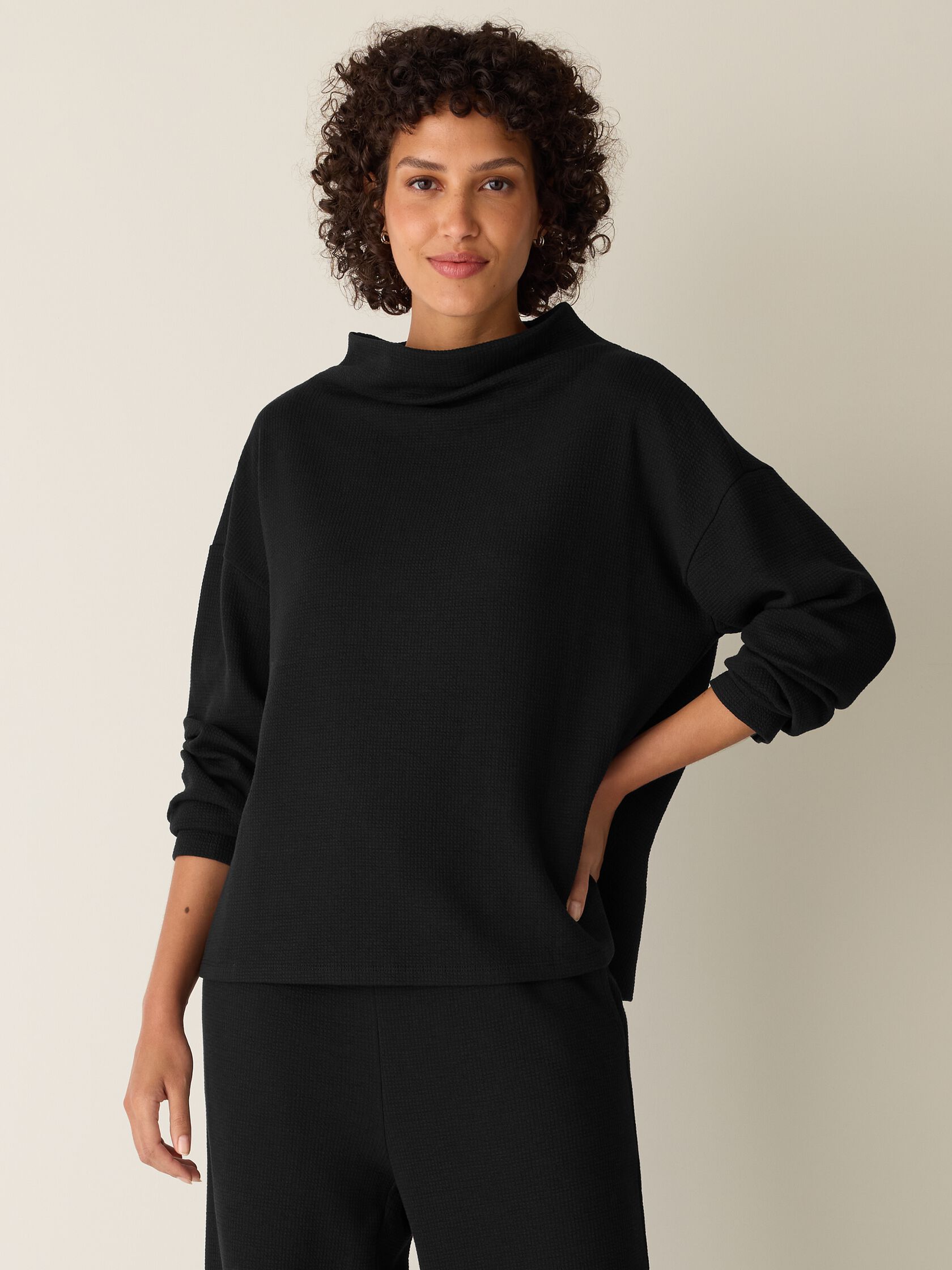 Waffle Cotton Blend Doubleknit Funnel Neck Box-Top