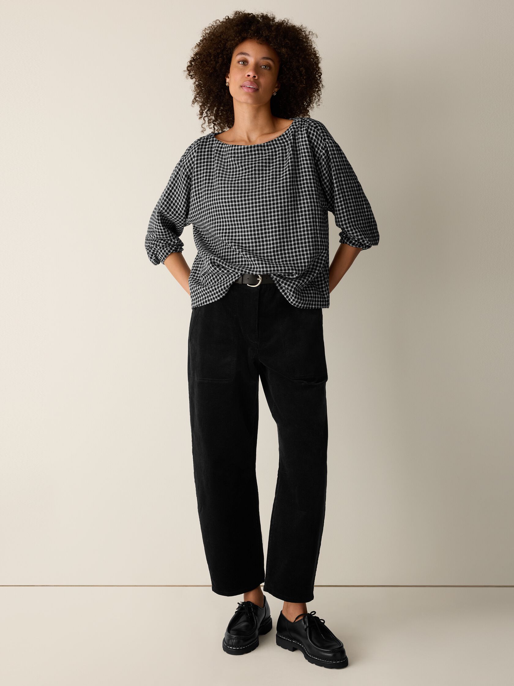 Wool Cotton Check Bateau Neck Top