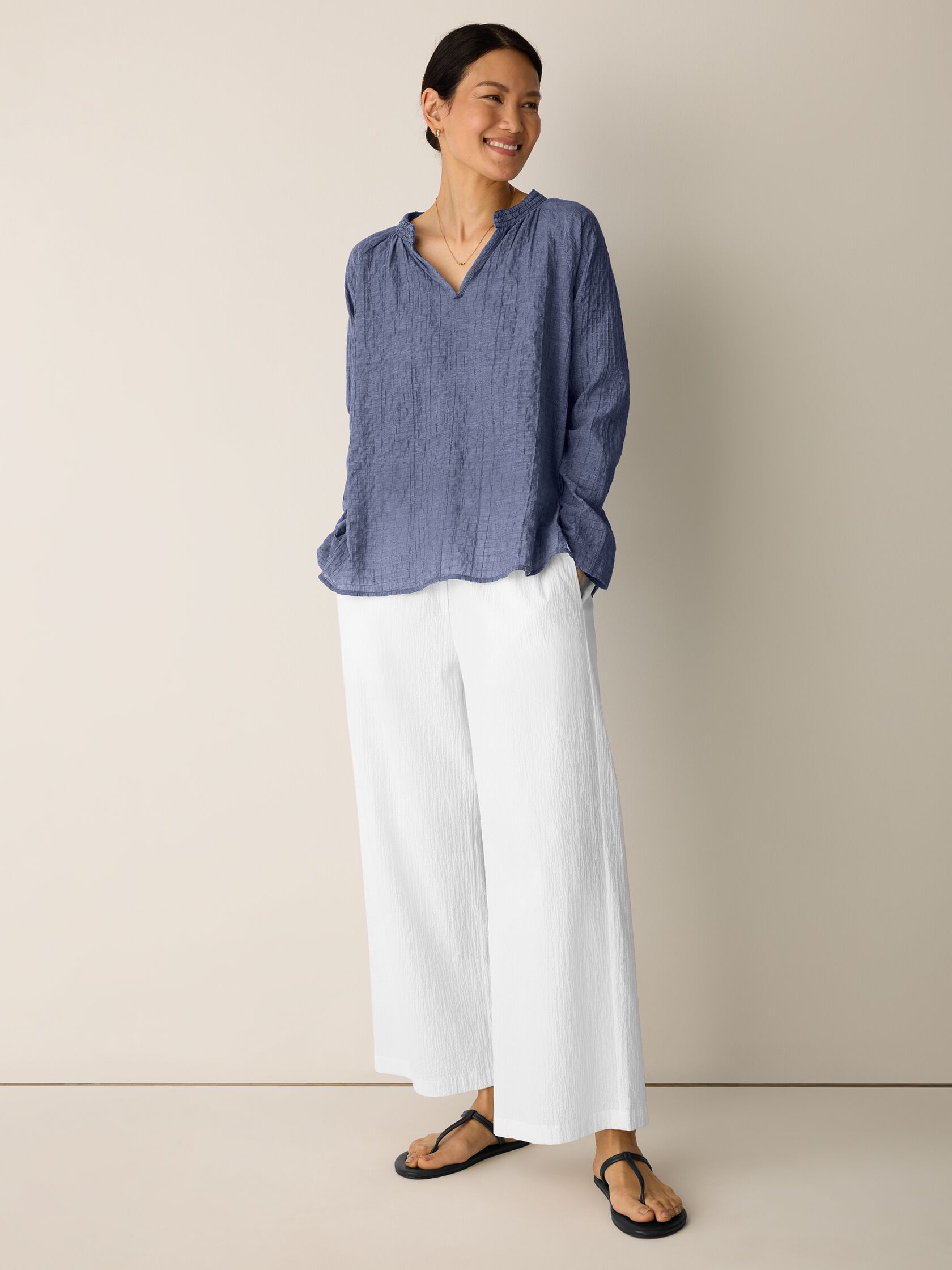 Organic Cotton Microstripe Pucker Split Collar Top