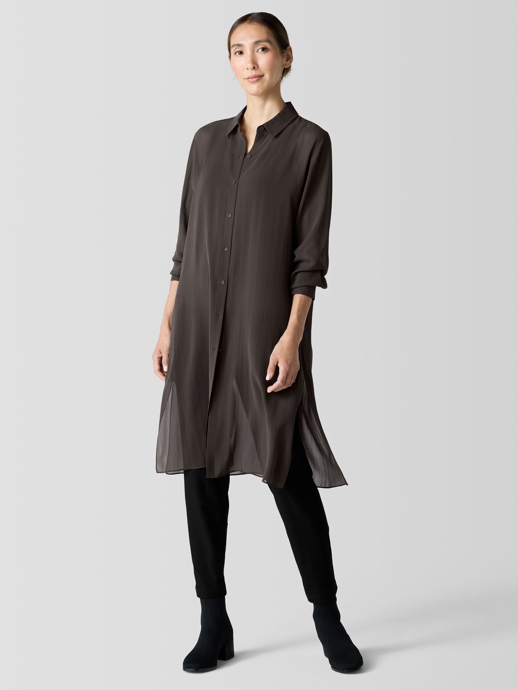 Sheer Silk Georgette Classic Collar Long Shirt