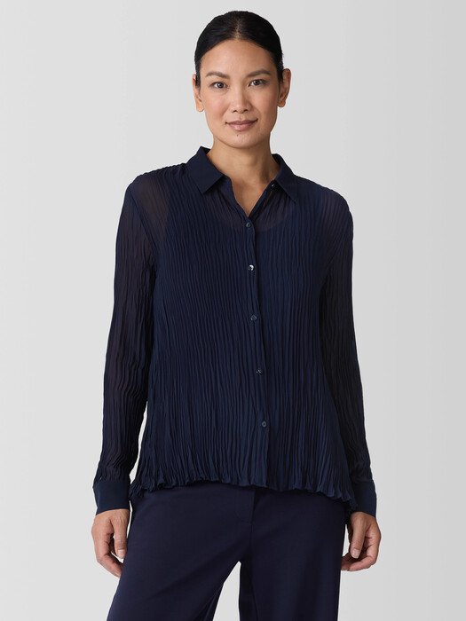 Crinkled Sheer Silk Georgette Classic Collar Shirt