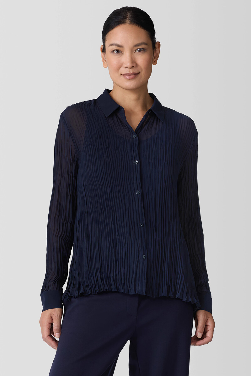 Crinkled Sheer Silk Georgette Classic Collar Shirt Crinkled Sheer Silk Georgette Classic Collar Shirt