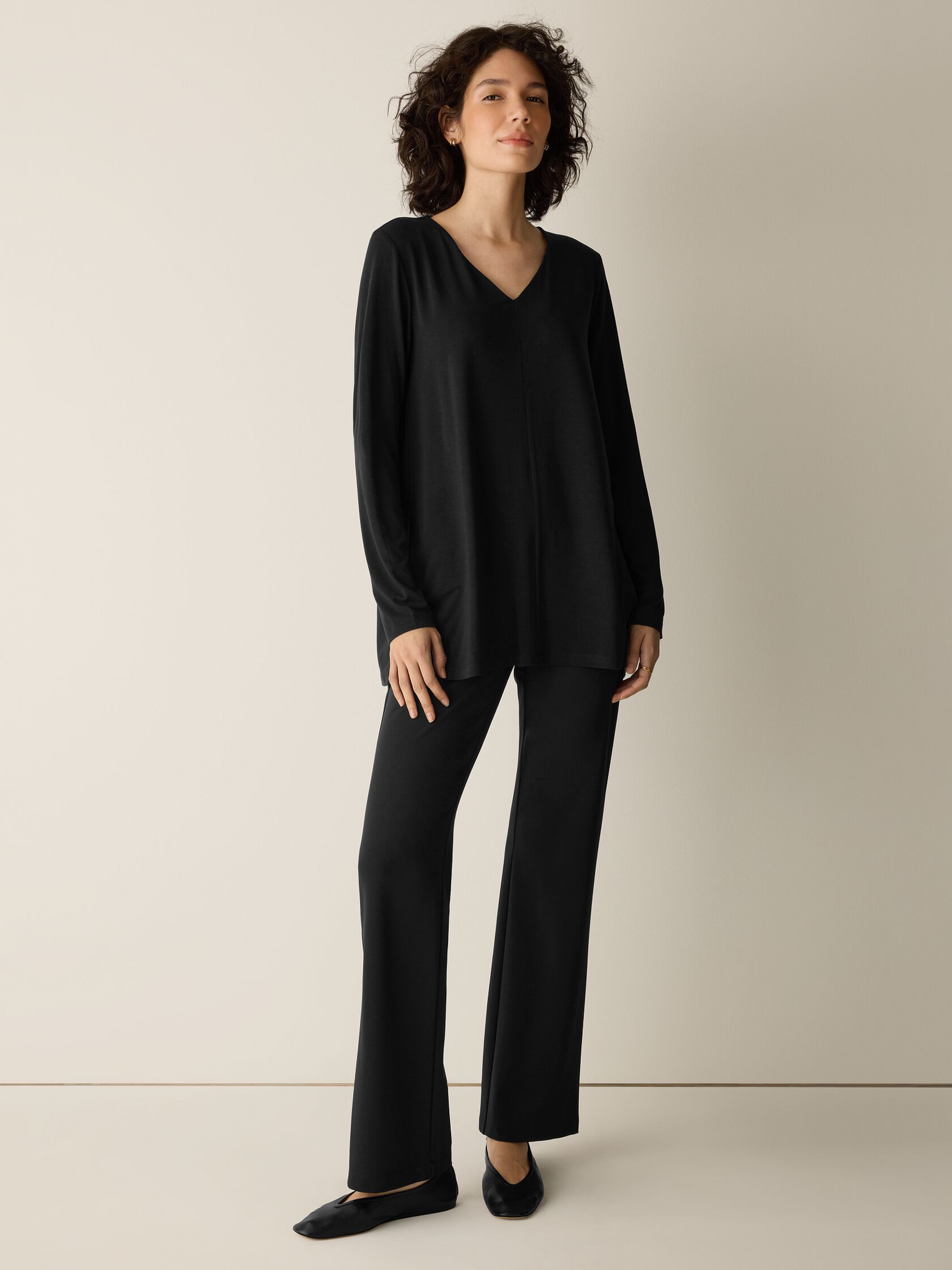 Fine Stretch Jersey Knit V-Neck Long Top